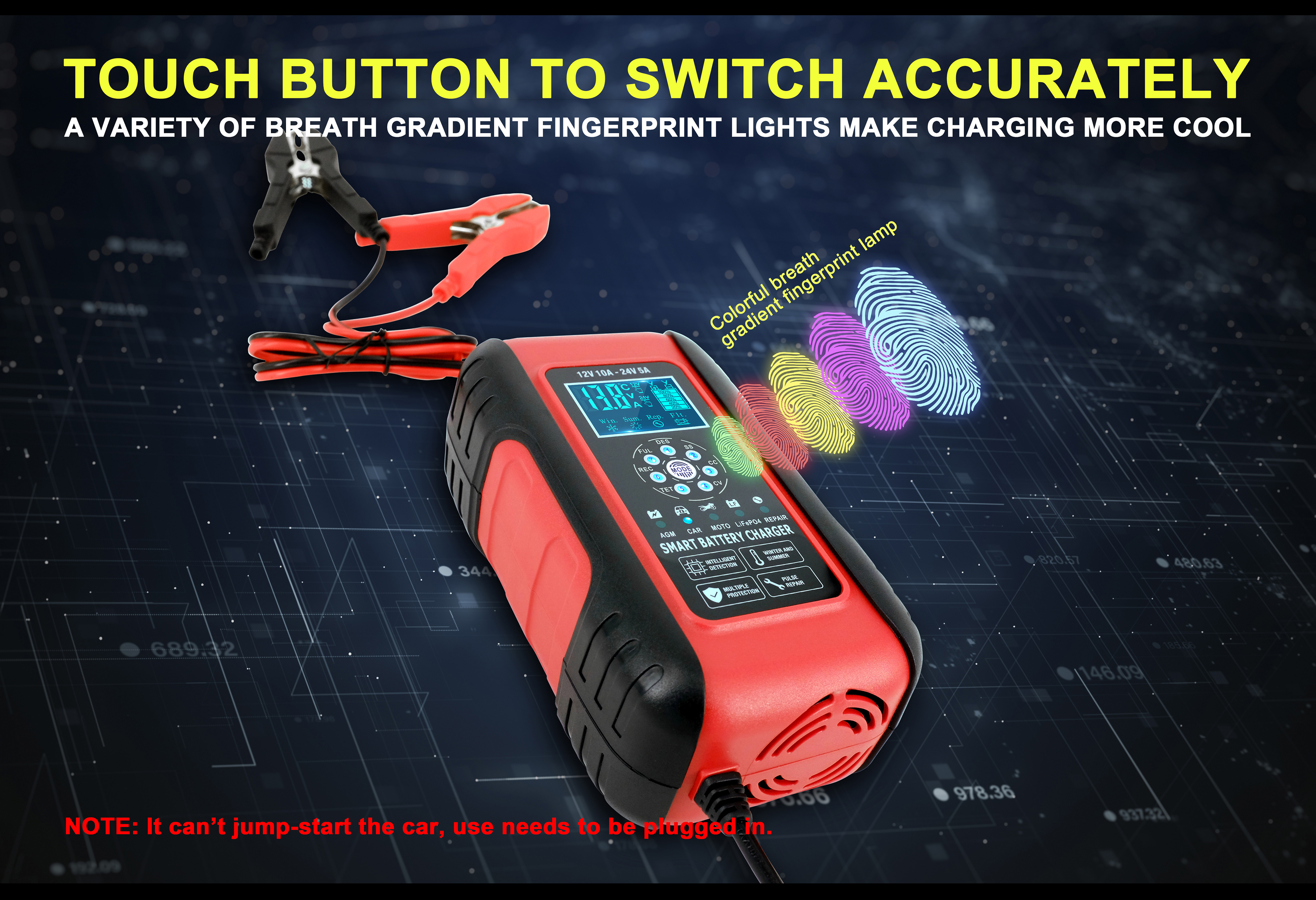 Rotes und schwarzes Batterieladegerät mit Klemmen. Bunte Fingerabdrucklichter auf dunklem Hintergrund.
