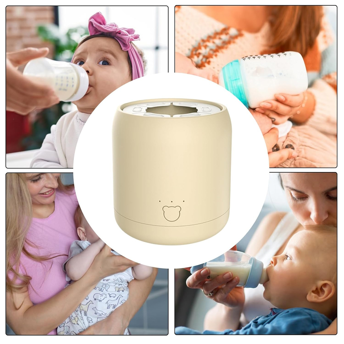 Das Bild zeigt einen Babyflaschensterilisator, umgeben von Bildern von Babys, die von Erwachsenen mit Flaschen gefüttert werden.