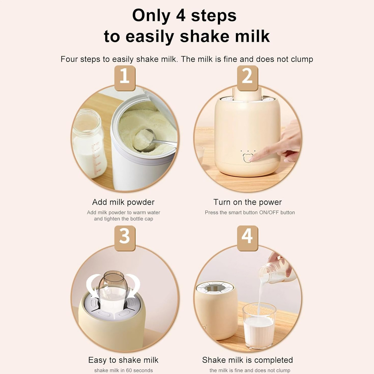 Infografik zeigt 4 Schritte zum Milchschütteln. Beinhaltet ein Glas, eine Maschine und ein Glas. Text erklärt das Hinzufügen von Pulver, Einschalten, Schütteln und Fertigstellen.