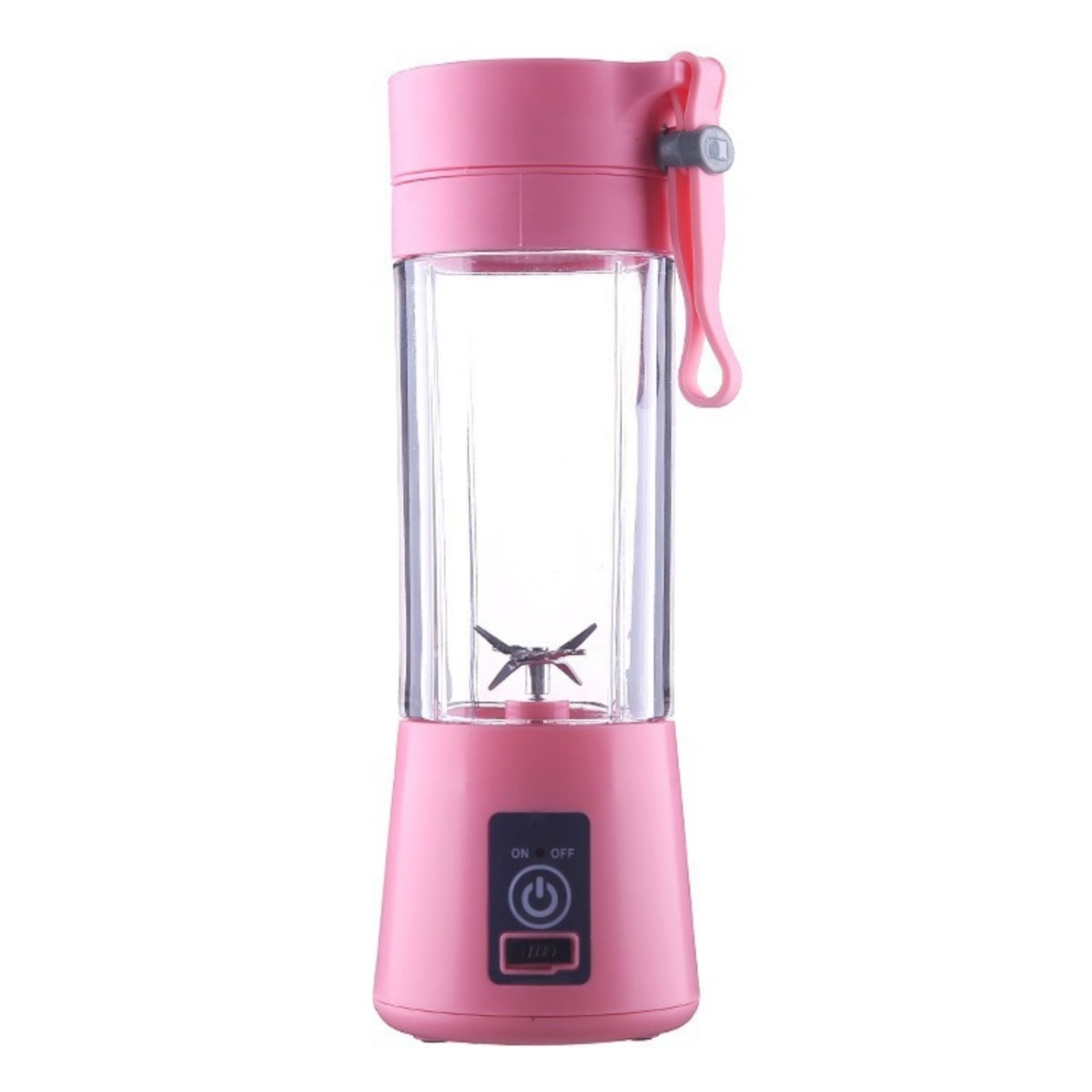 Ein rosa tragbarer Mixer. Er hat einen durchsichtigen Behälter, einen rosa Sockel mit Knöpfen und einen rosa Deckel mit Griff.