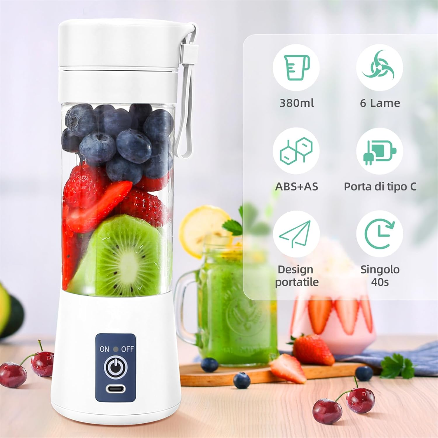 Weißer Mixer mit Früchten, darunter Blaubeeren, Erdbeeren und Kiwi. Symbole und Text beschreiben Funktionen wie 380 ml und 6 Klingen.