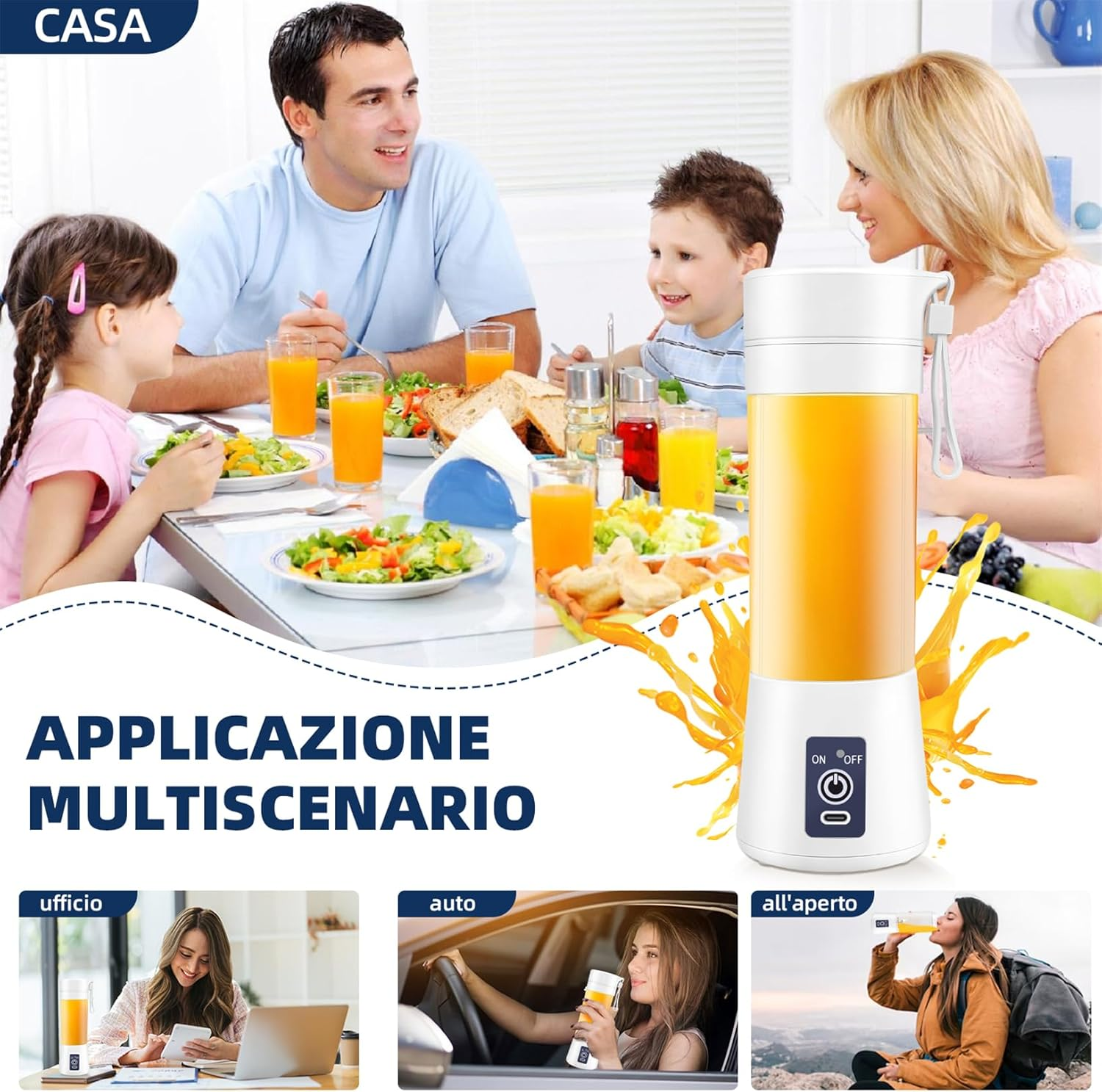 Eine Familie isst am Tisch mit Saft und Salat. Ein Mixer befindet sich in der Mitte. Unten sind Bilder von der Verwendung des Mixers.