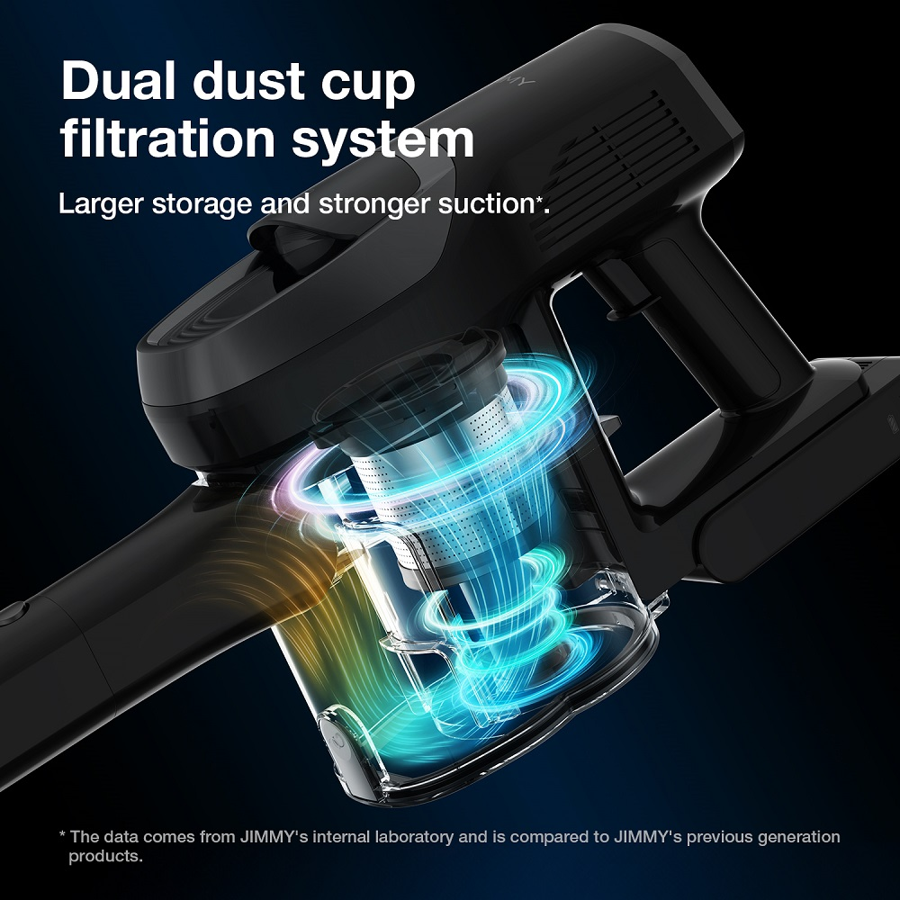 Dettaglio di un aspirapolvere nero. Contenitore della polvere trasparente con effetti di vortice d'aria. Testo: Sistema di filtraggio a doppia tazza. Maggiore capacità e aspirazione più potente.