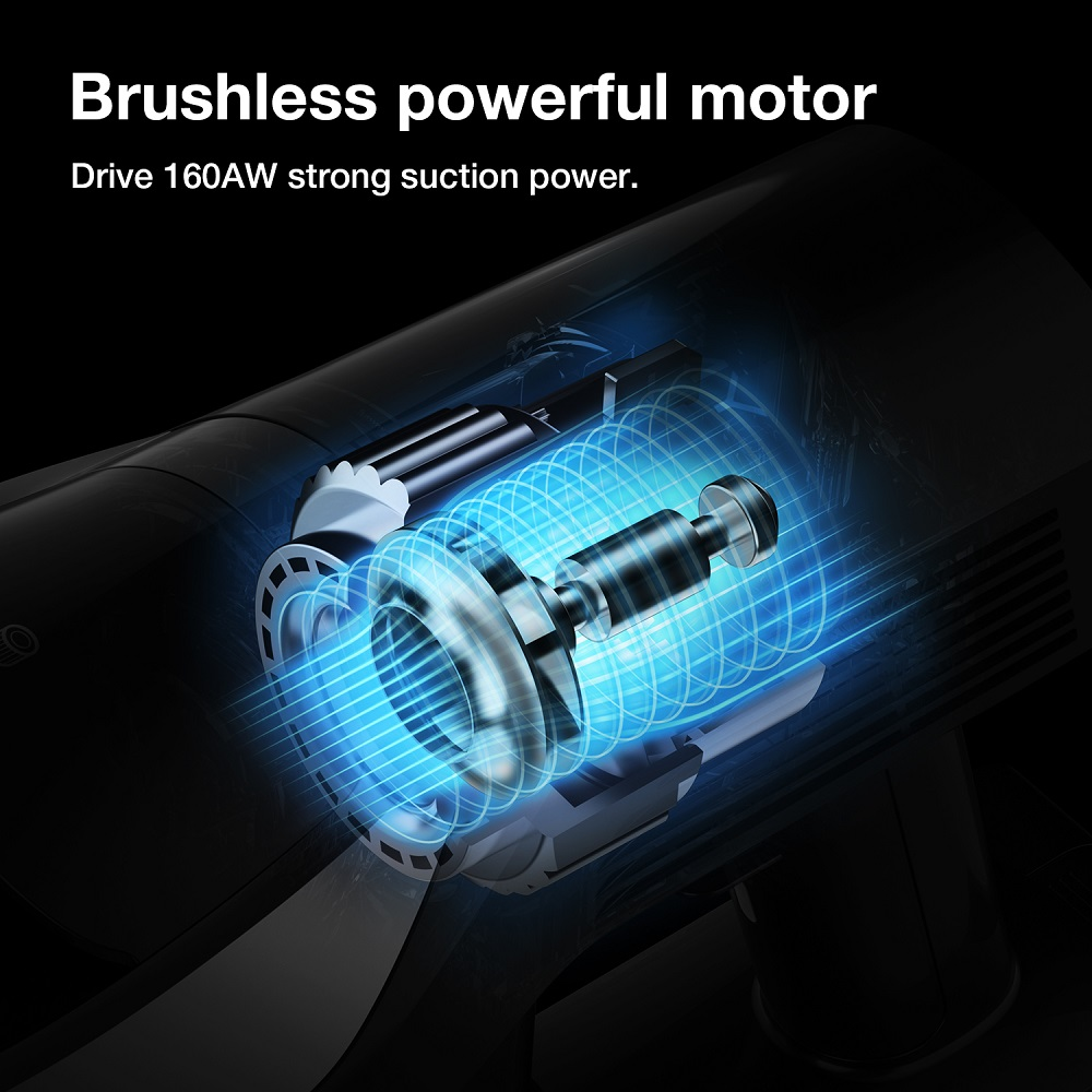 Un motore di aspirapolvere nero con effetto luminoso blu. Testo: 'Brushless powerful motor' e 'Drive 160AW strong suction power'.