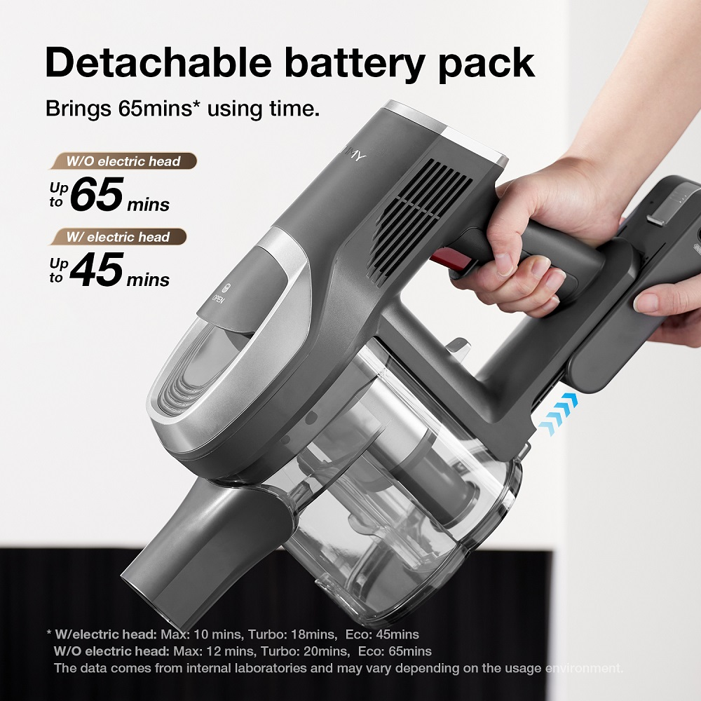 Un aspirapolvere senza fili grigio con batteria rimovibile tenuto in mano. Il testo evidenzia la durata della batteria e i tempi di utilizzo.