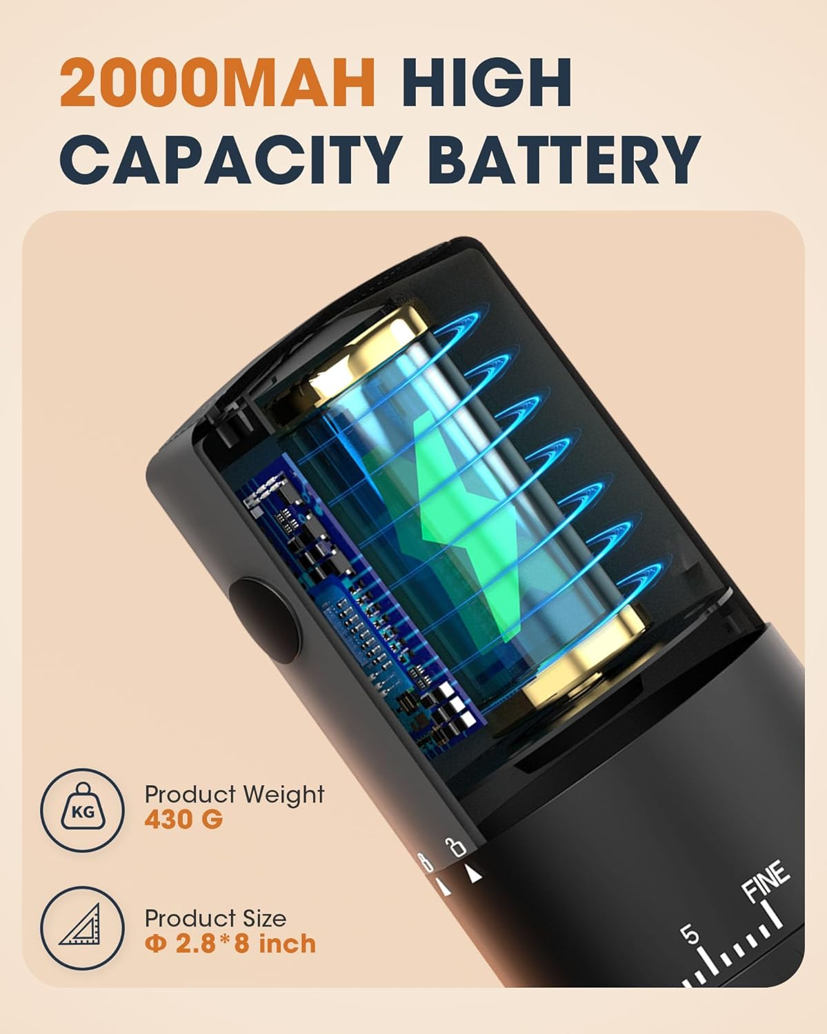 Ein schwarzes Gerät mit einem Ausschnitt, der interne Komponenten und eine Batterie zeigt. Text zeigt Produktspezifikationen und Batteriedetails.