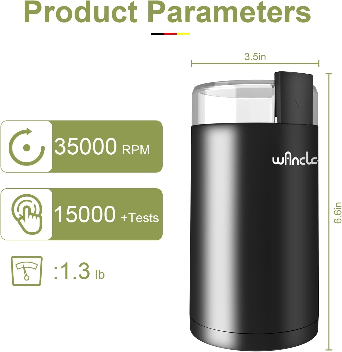 Ein schwarzer Grinder mit Produktdetails: 35000 U/min, 15000+ Tests, 1,3 lb. Abmessungen: 3,5 Zoll x 6,6 Zoll.
