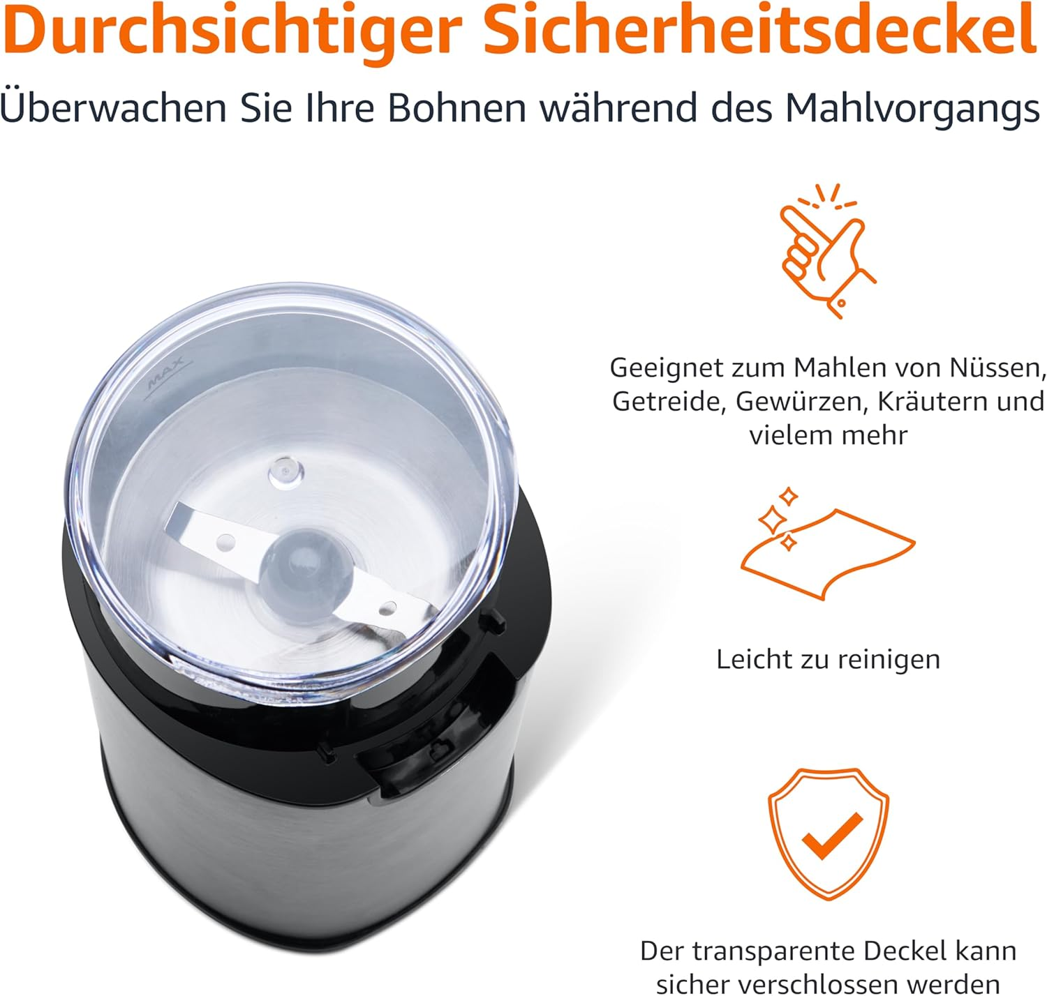 Ein schwarzer Kaffeemühle mit transparentem Deckel. Darin befindet sich eine Klinge. Text auf Deutsch beschreibt Merkmale und Vorteile.
