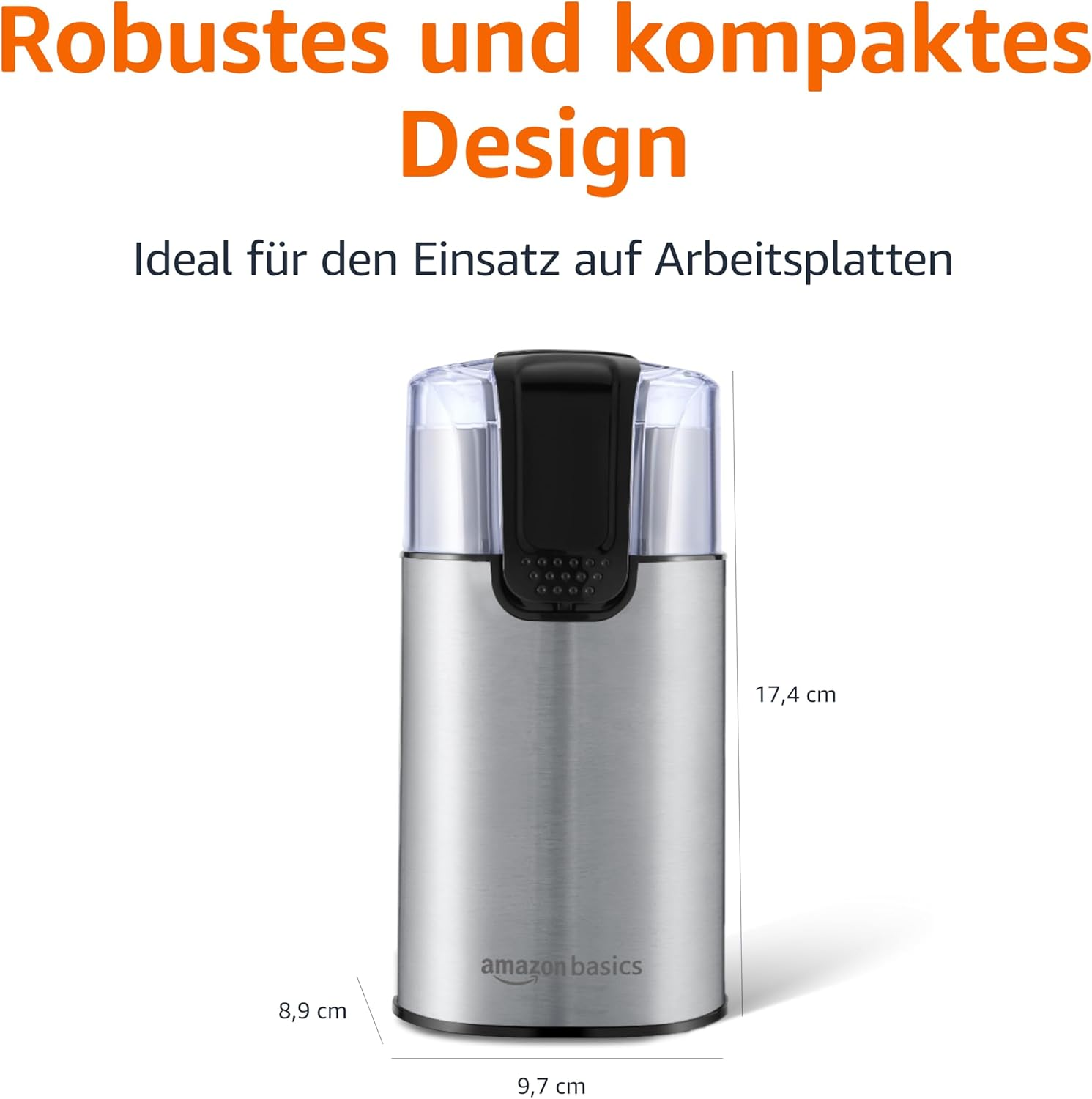 Ein Edelstahl-Kaffeebecher von Amazon Basics. Er hat einen durchsichtigen Deckel, einen schwarzen Deckel und die Maße 8,9 cm x 9,7 cm x 17,4 cm.