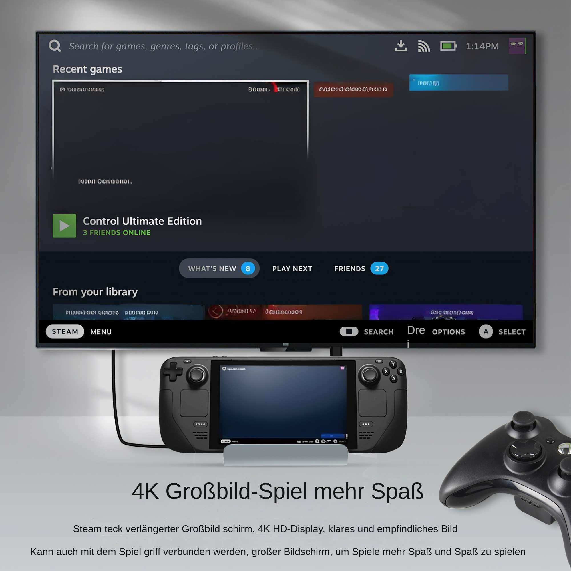 Ein Steam Deck und ein Controller werden mit einem Spielbildschirm angezeigt. Der Text auf Deutsch lautet: 4K Großbild-Spiel mehr Spaß.