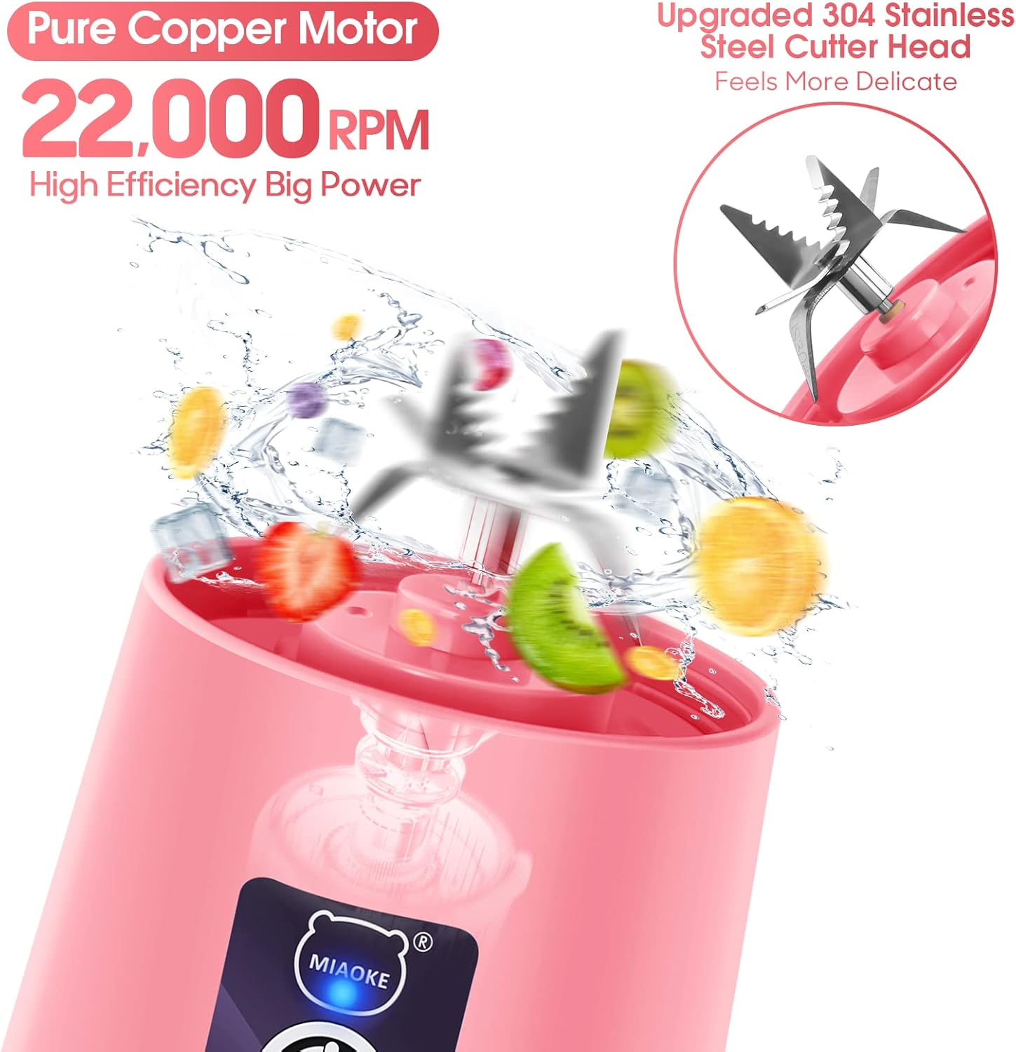 Ein rosa Mixer mit Frucht- und Wasserspritzern. Der Text lautet: 'Pure Copper Motor', '22.000 U/min' und 'Upgraded 304 Stainless Steel Cutter Head'.