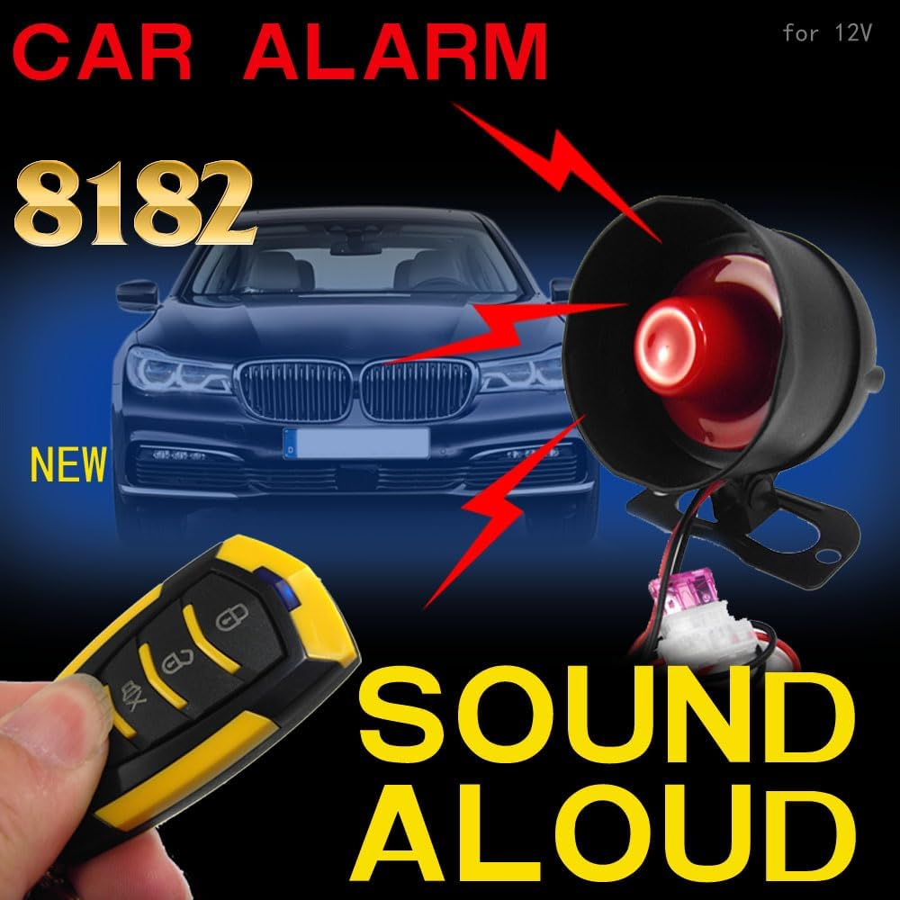 Werbeanzeige für Autoalarm. Gezeigt werden ein Auto, ein Alarmlautsprecher und eine Fernbedienung. Text: Autoalarm, 8182, Neu, Sound Aloud.