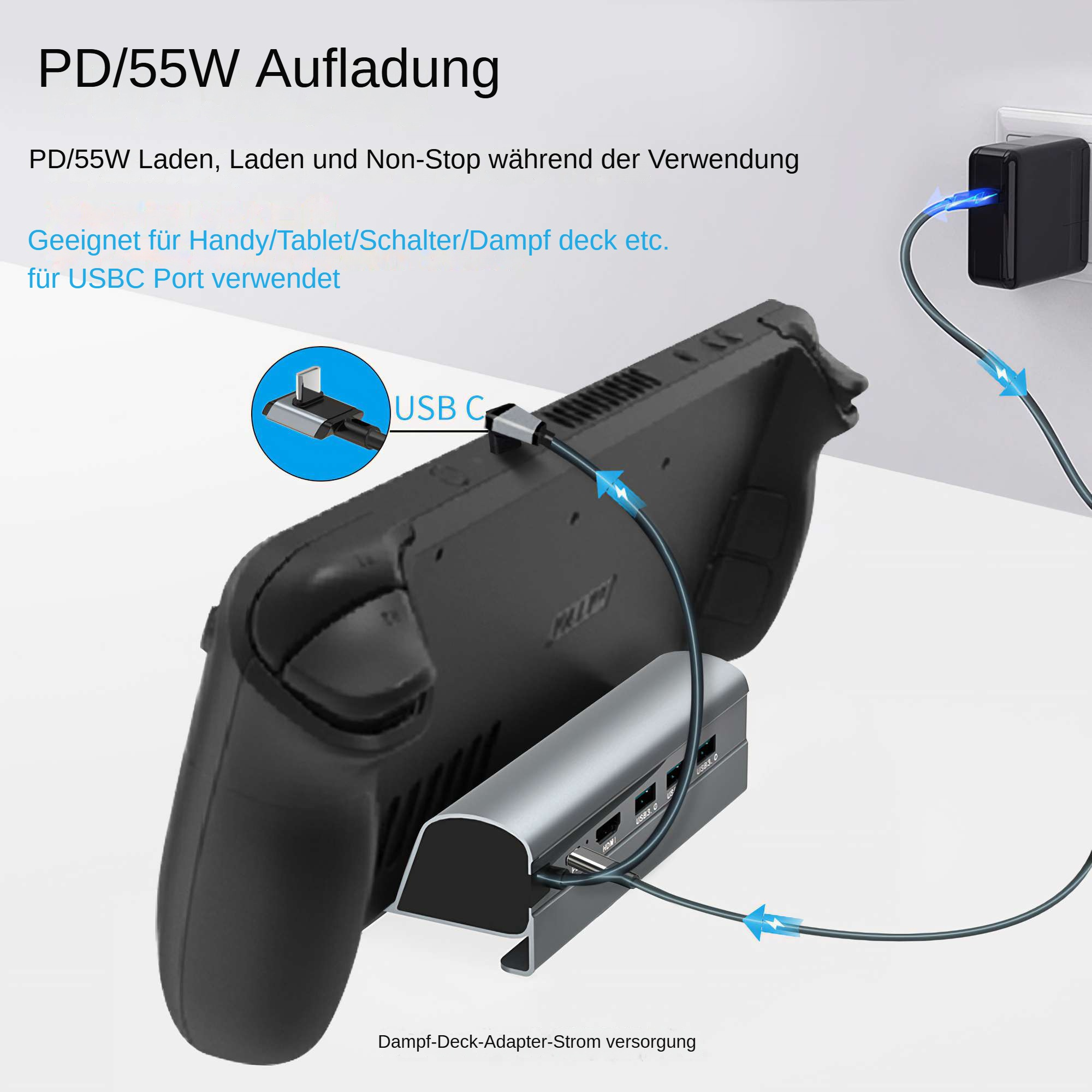Eine schwarze Spielkonsole ist mit einem Ladegerät verbunden. Das Ladegerät und eine Dockingstation sind ebenfalls sichtbar.