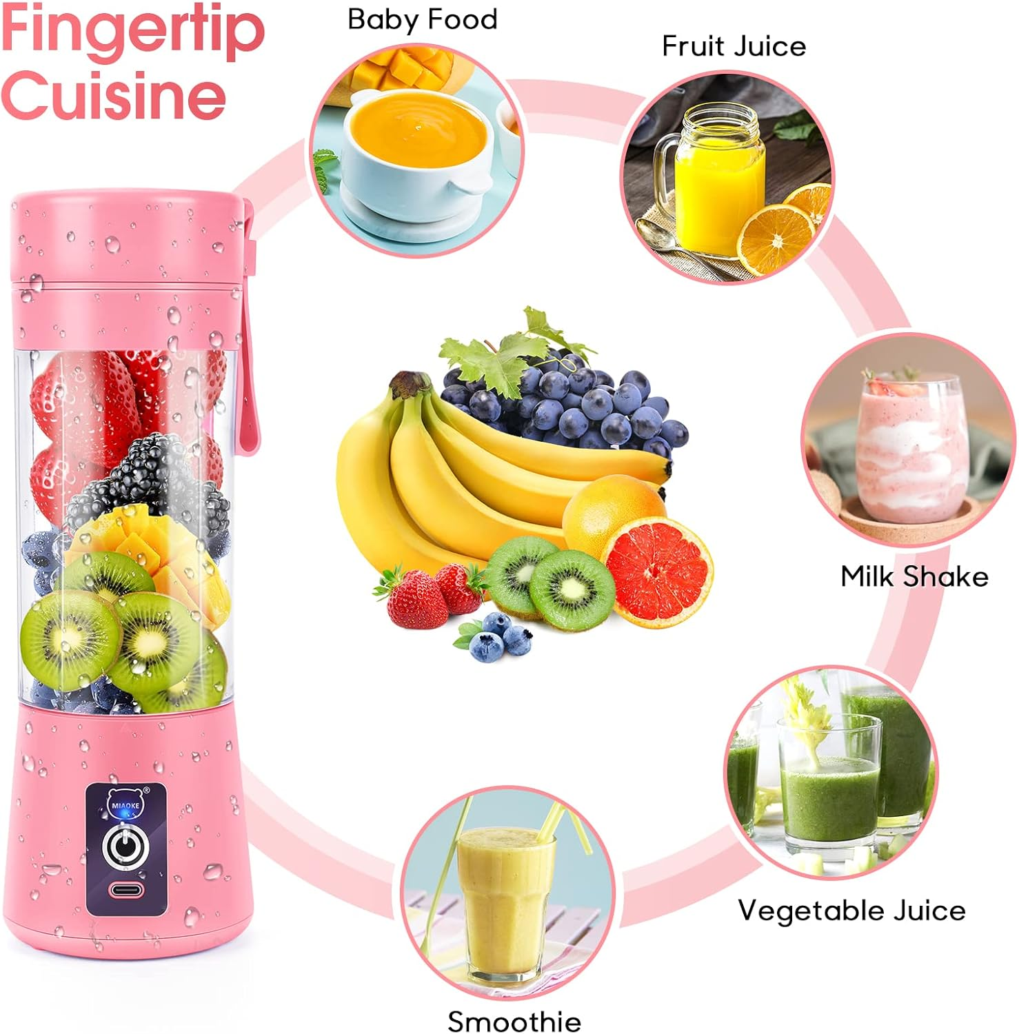 Rosa Mixer mit Früchten. Verschiedene Getränke: Babynahrung, Fruchtsaft, Milchshake, Gemüsesaft und Smoothie werden abgebildet.