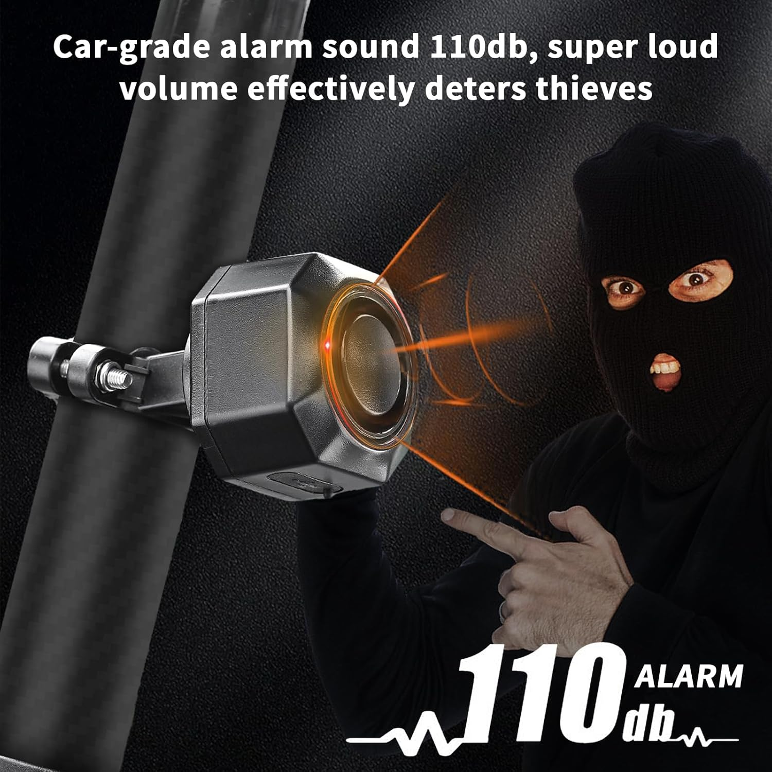 Ein Alarmsystem mit einer Diebesfigur in einer schwarzen Sturmhaube. Der Alarm zeigt 110 dB an. Der Alarm ist an einem schwarzen zylindrischen Objekt befestigt.
