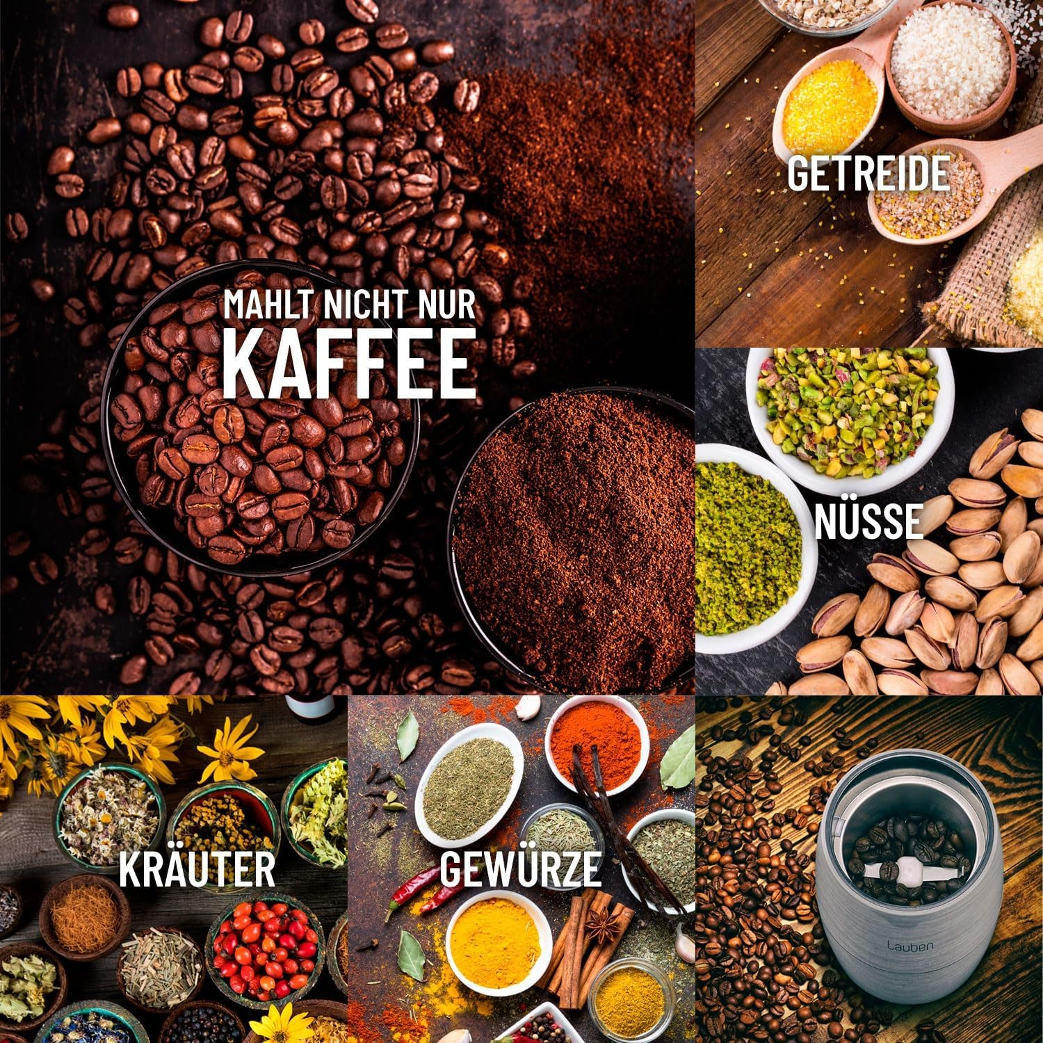 Das Bild zeigt Kaffeebohnen, gemahlenen Kaffee, Getreide, Nüsse, Kräuter, Gewürze und eine Kaffeemühle.