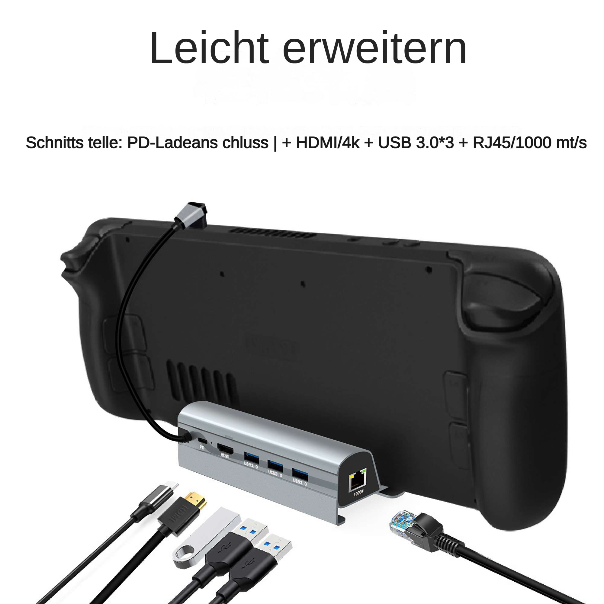 Eine schwarze Handheld-Konsole mit einem silbernen Hub mit Anschlüssen und Kabeln, sowie Text auf Deutsch.
