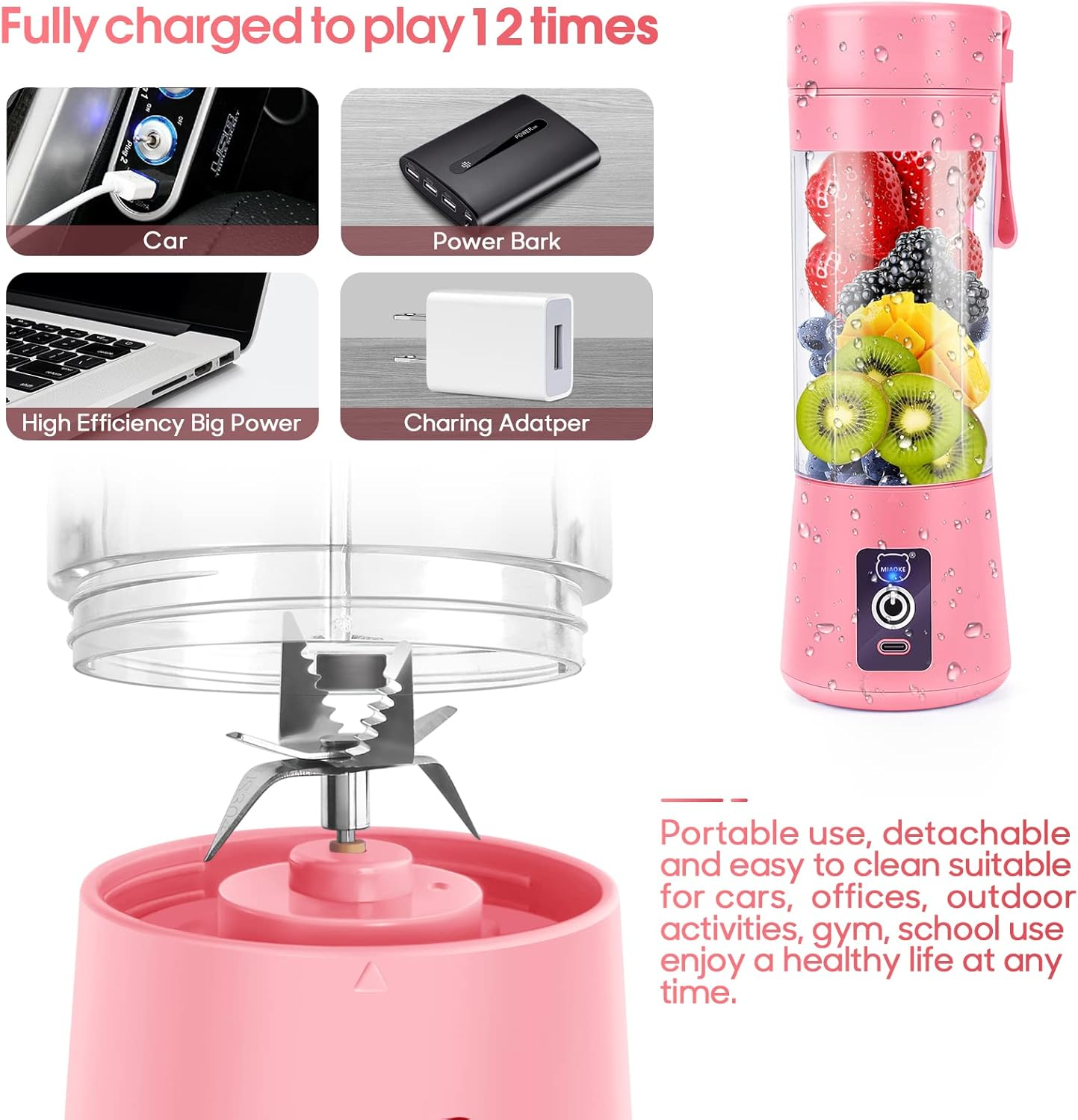 Ein rosa Mixer mit Früchten im Inneren sowie Bilder von einem Auto, einer Powerbank, einem Laptop und einem Ladegerät.