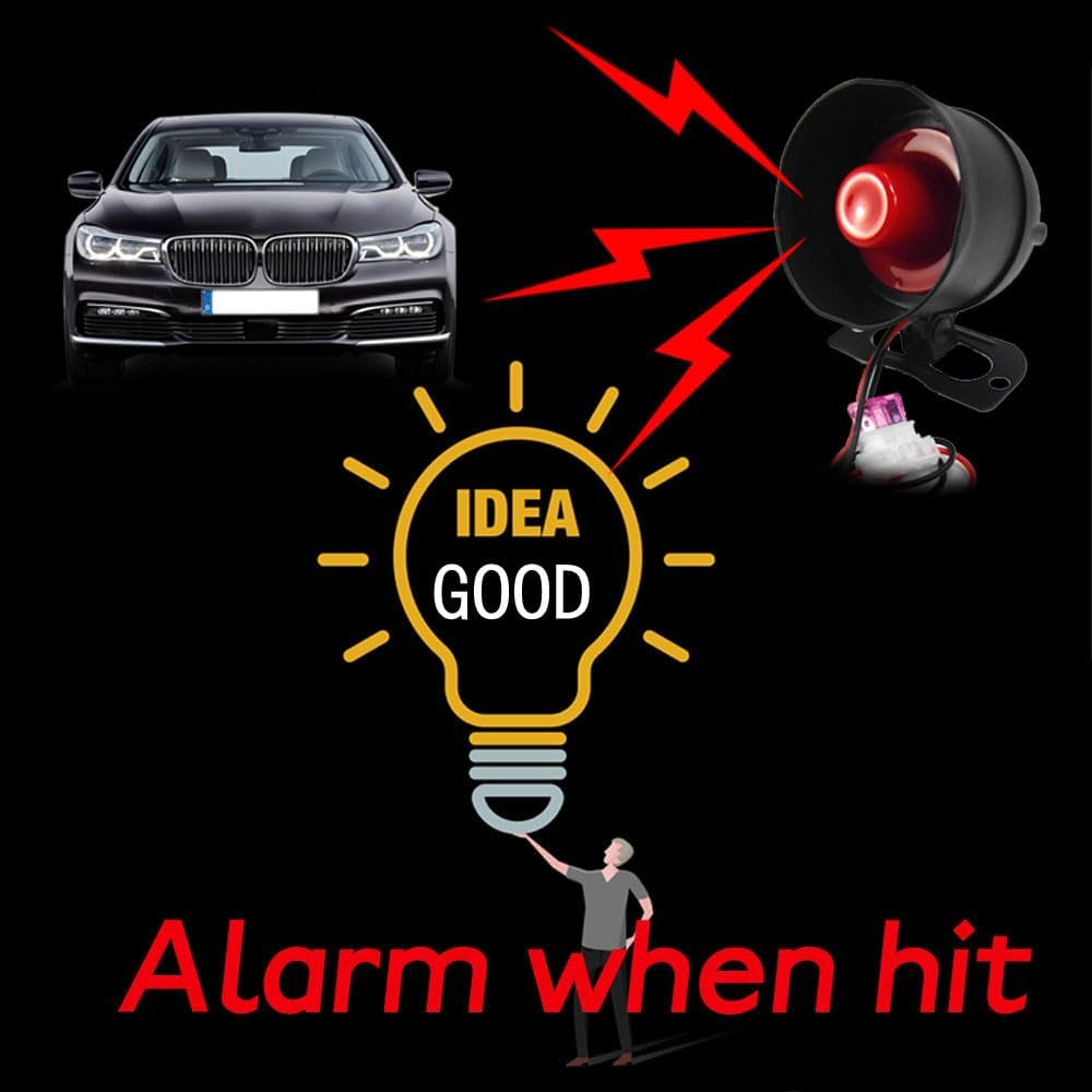Schwarzes Auto, Alarm, Glühbirne mit 'IDEA GOOD', Mann zeigt, und Text 'Alarm when hit' auf schwarzem Hintergrund.