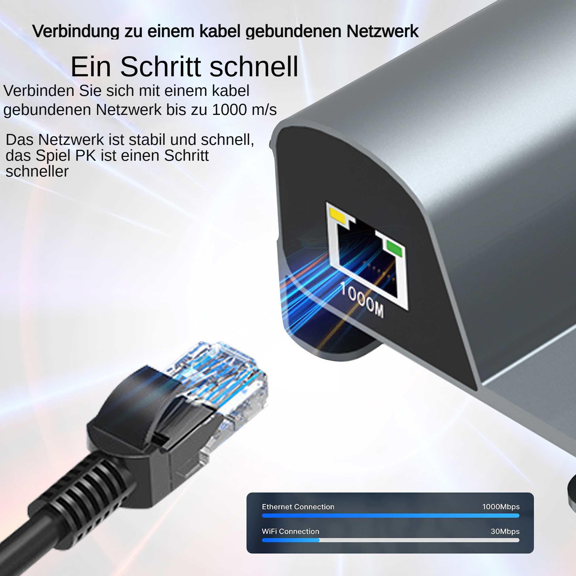 Ein Ethernet-Kabel wird in einen Netzwerkanschluss gesteckt, neben einem Gerät mit 1000 Mbit/s und Text zur Netzwerkgeschwindigkeit.