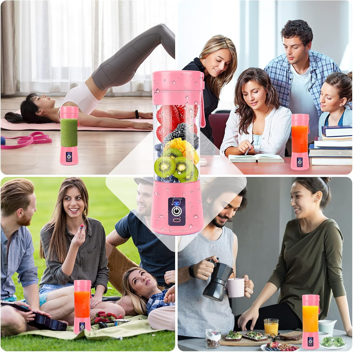 Das Bild zeigt einen rosa Mixer mit Früchten und Menschen in verschiedenen Umgebungen. Eine Frau macht Yoga, andere studieren oder picknicken.