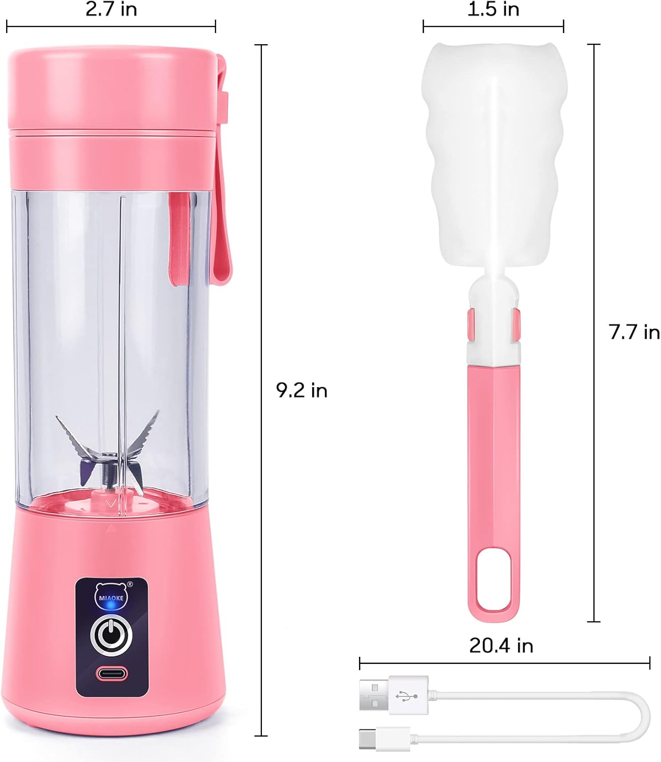 Rosa und klarer tragbarer Mixer, eine Flaschenbürste und ein USB-Kabel werden gezeigt. Maße sind angegeben. Alles ist neu.