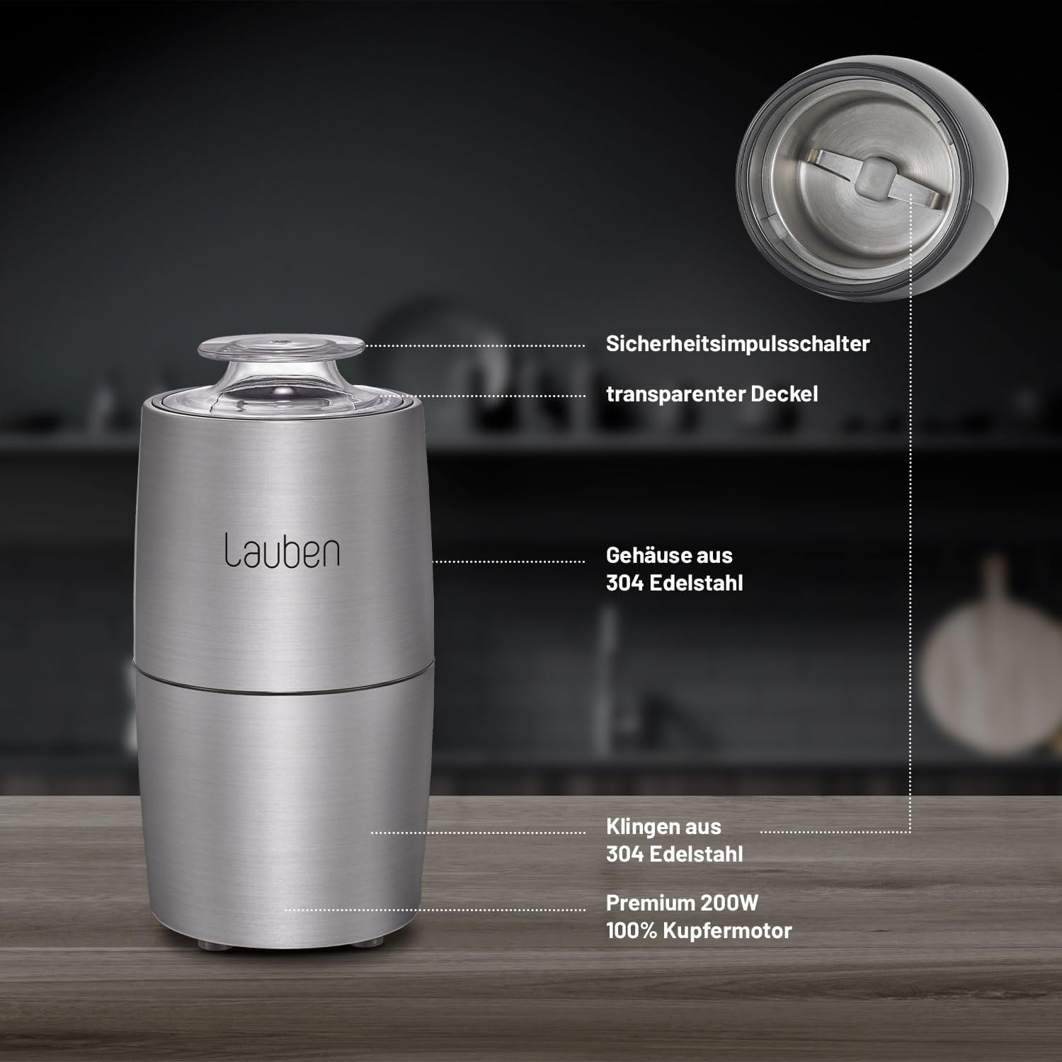 Ein silberner Lauben-Kaffeemühle auf Holz. Details zeigen die Edelstahlklingen, Motor, transparenten Deckel und Sicherheitsschalter.