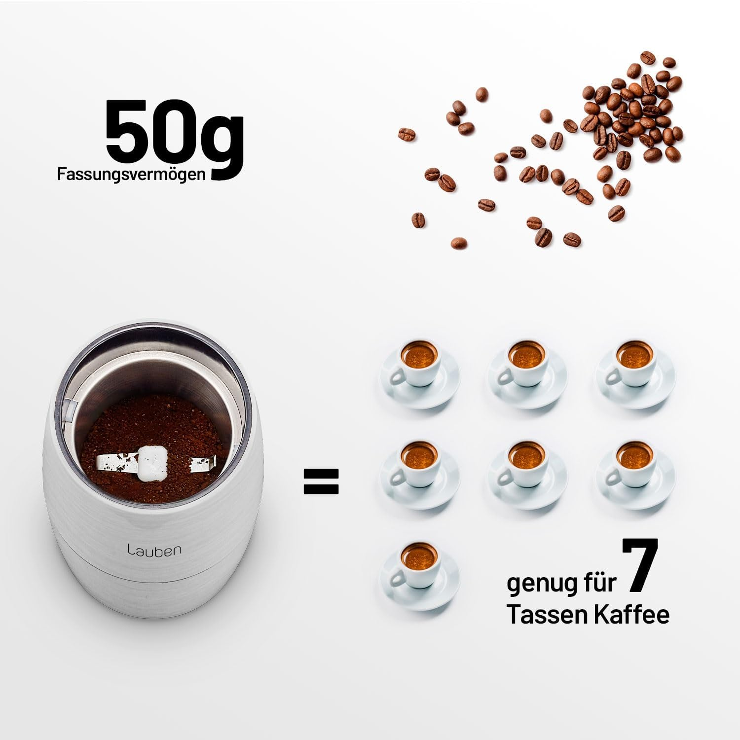 Das Bild zeigt eine Kaffeemühle, Kaffeebohnen und 7 Tassen Kaffee. Der Text gibt 50g Kapazität und genug für 7 Tassen an.