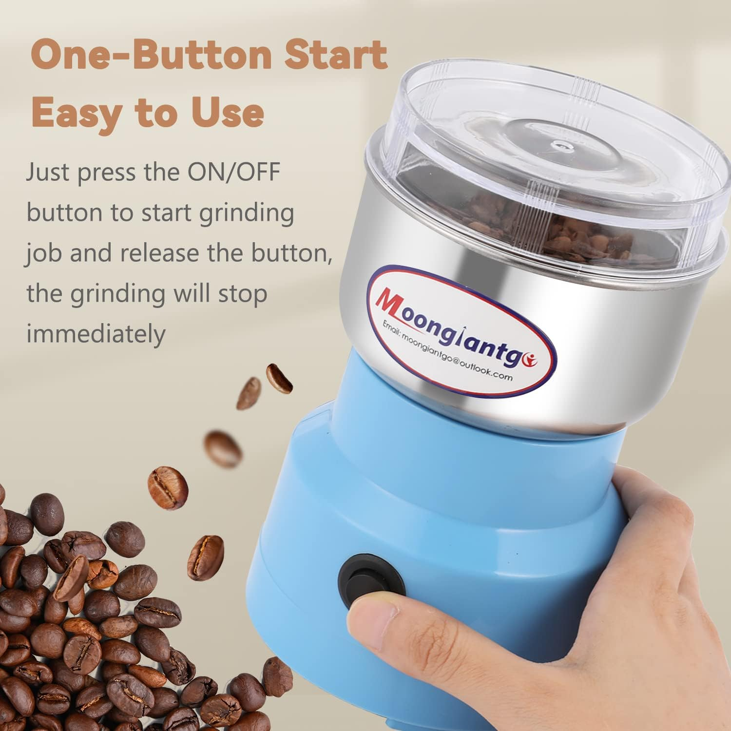 Eine blaue und silberne Kaffeemühle mit Kaffeebohnen. Eine Hand drückt die Ein-/Aus-Taste. Text sagt, einfach zu bedienen.