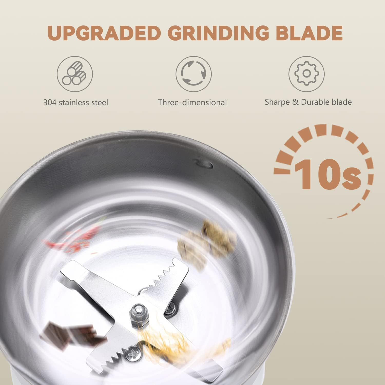 Nahaufnahme einer Schleifklinge in einer Stahlschüssel. Der Text lautet 'Upgraded Grinding Blade' mit Symbolen und einem '10s'-Timer.