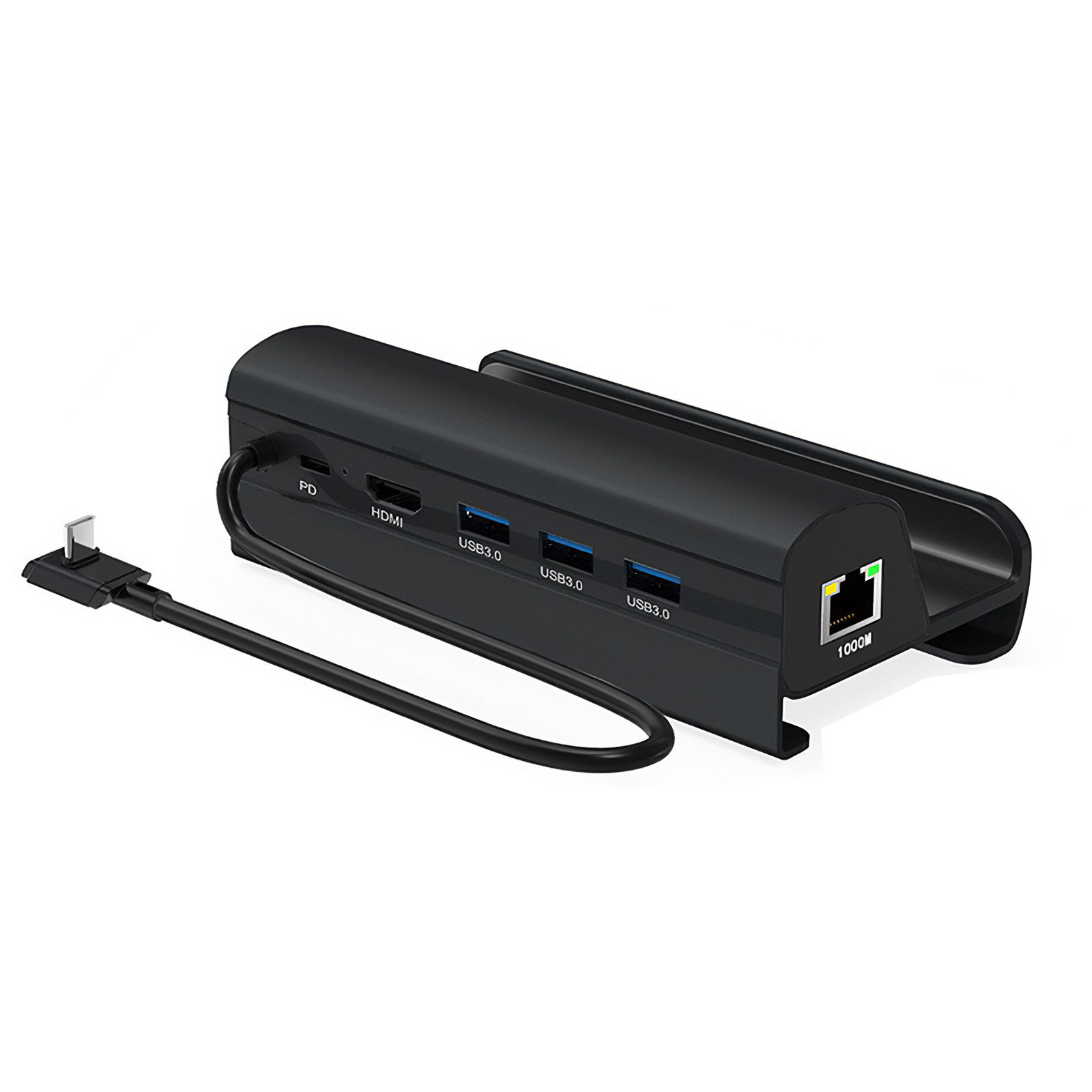 Ein schwarzer USB-Hub mit mehreren Anschlüssen, darunter USB 3.0, HDMI und Ethernet. Ein Kabel mit USB-C-Anschluss ist befestigt.