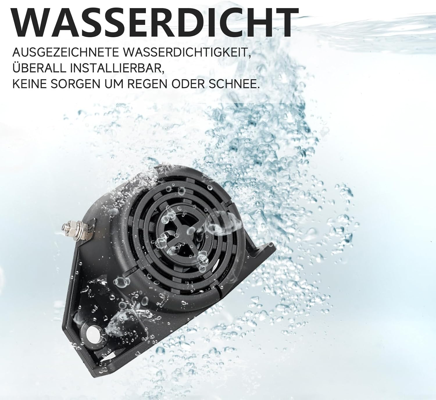 Ein schwarzes elektronisches Gerät befindet sich unter Wasser mit Blasen. Das Wort 'WASSERDICHT' steht darüber.