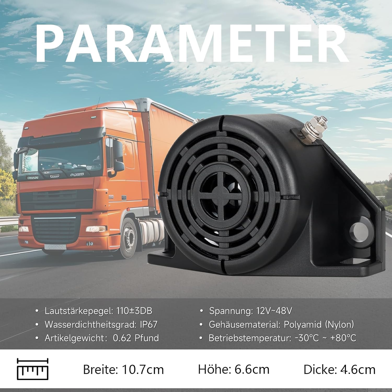 Ein orangefarbener Lastwagen auf einer Autobahn, ein schwarzer Summer mit technischen Daten und das Wort PARAMETER werden angezeigt.