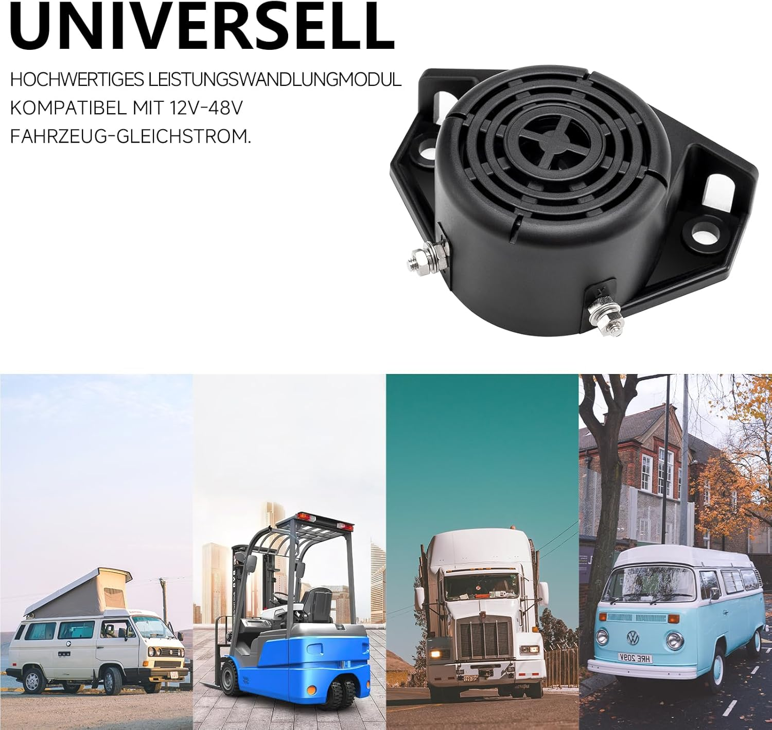 Schwarzes elektronisches Gerät auf weißem Hintergrund. Darunter Bilder verschiedener Fahrzeuge: Wohnmobil, Gabelstapler, LKW und Bus.