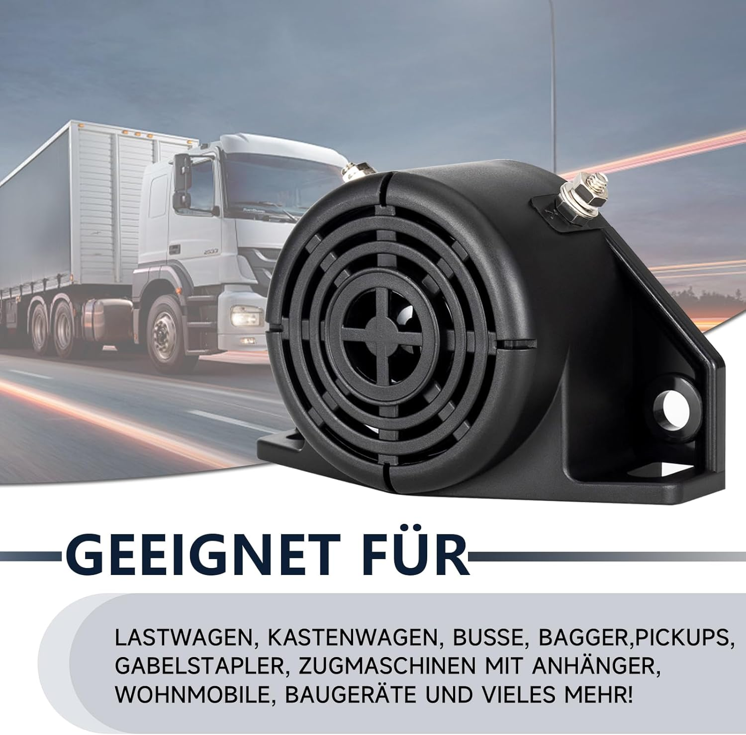 Ein schwarzes Gerät mit Lautsprechergitter im Vordergrund. Ein Lkw fährt im Hintergrund auf einer Straße. Text: Geeignet für Lkw.
