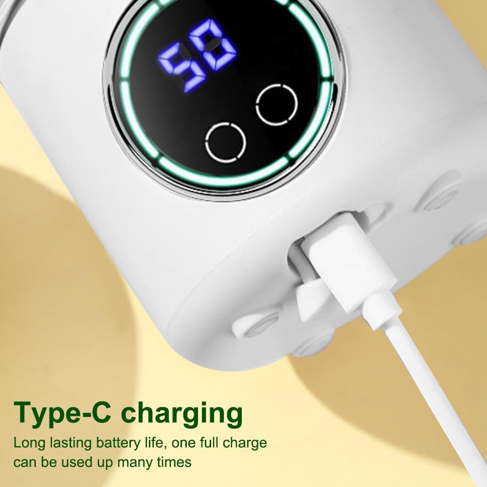 Ein weißes Gerät mit digitaler Anzeige '50'. Ein weißes USB-C-Kabel ist eingesteckt. Text: 'Type-C charging'.