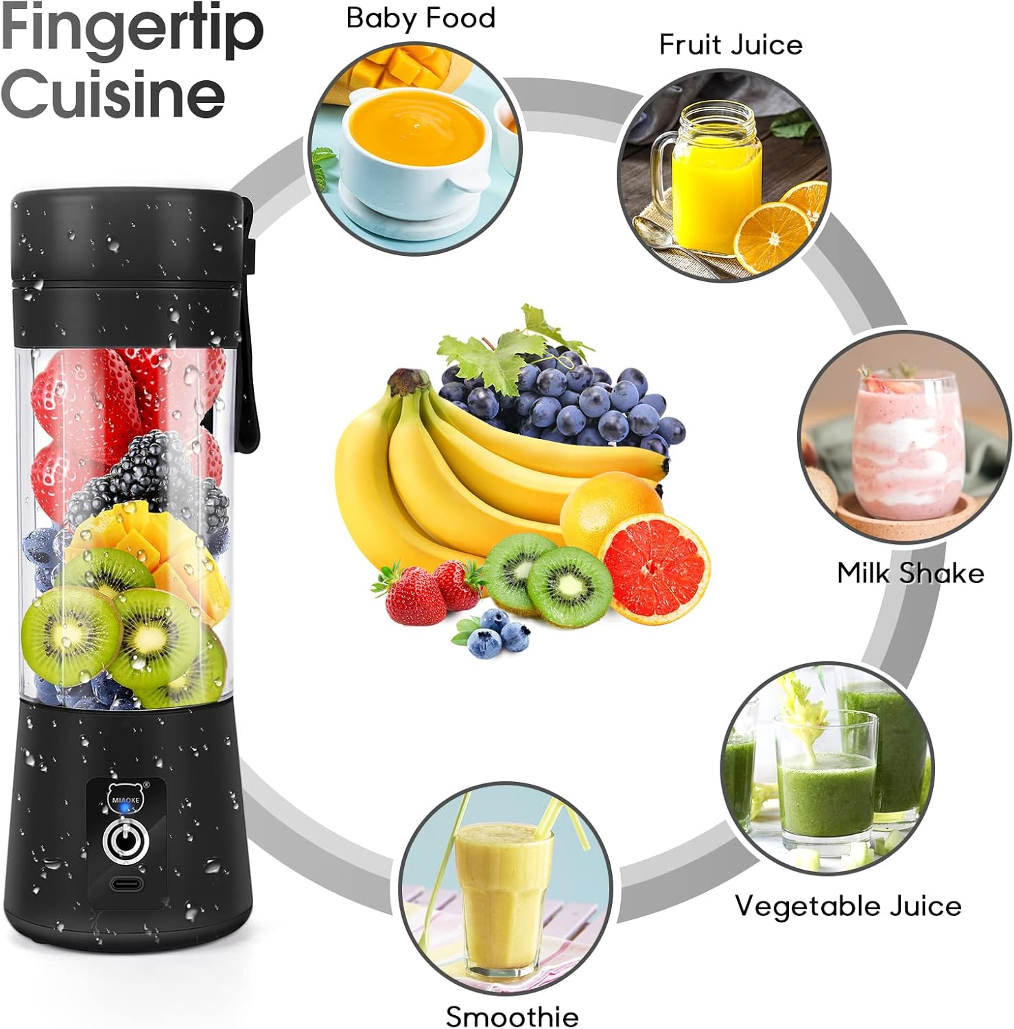 Ein schwarzer Mixer mit Früchten im Inneren. Darum herum befinden sich Bilder von Babynahrung, Fruchtsaft, Milchshake, Gemüsesaft und einem Smoothie.