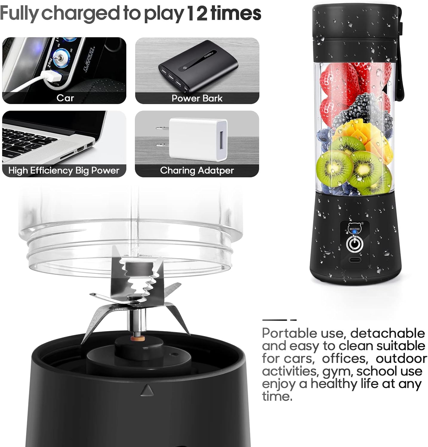 Ein tragbarer Mixer mit Früchten. Enthält ein Autoladegerät, eine Powerbank, einen Laptop und ein Ladegerät. Text: 'Voll aufgeladen, um 12 Mal zu spielen'.