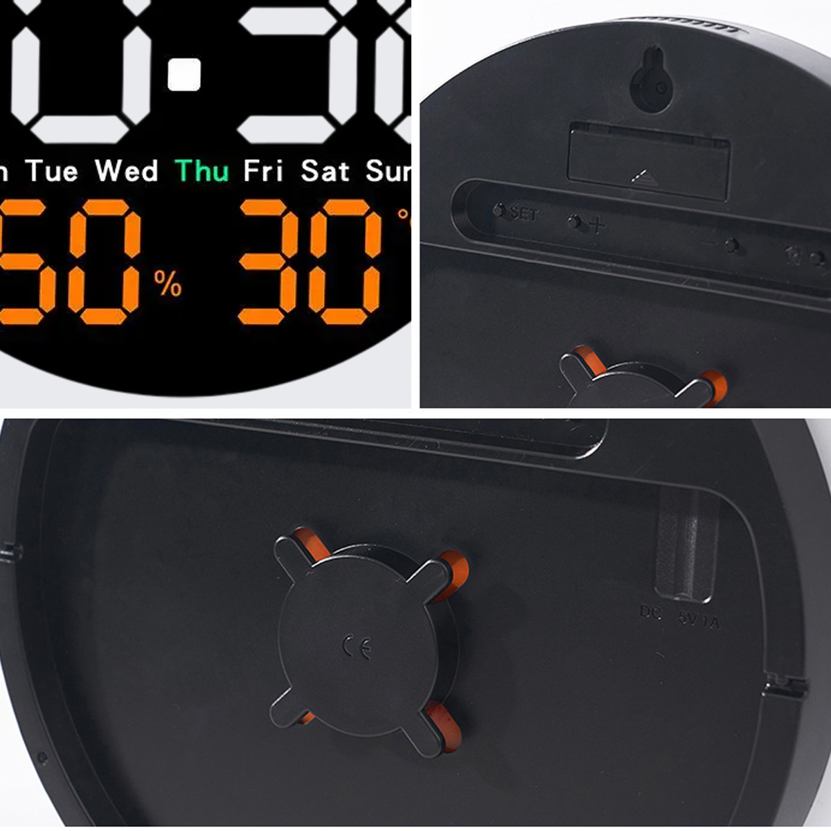 Uhr mit Anzeige von Zeit und Luftfeuchtigkeit. Schwarze Uhr mit orangefarbenen Akzenten. Digitalanzeige zeigt Zeit, Tag und Prozentsatz.