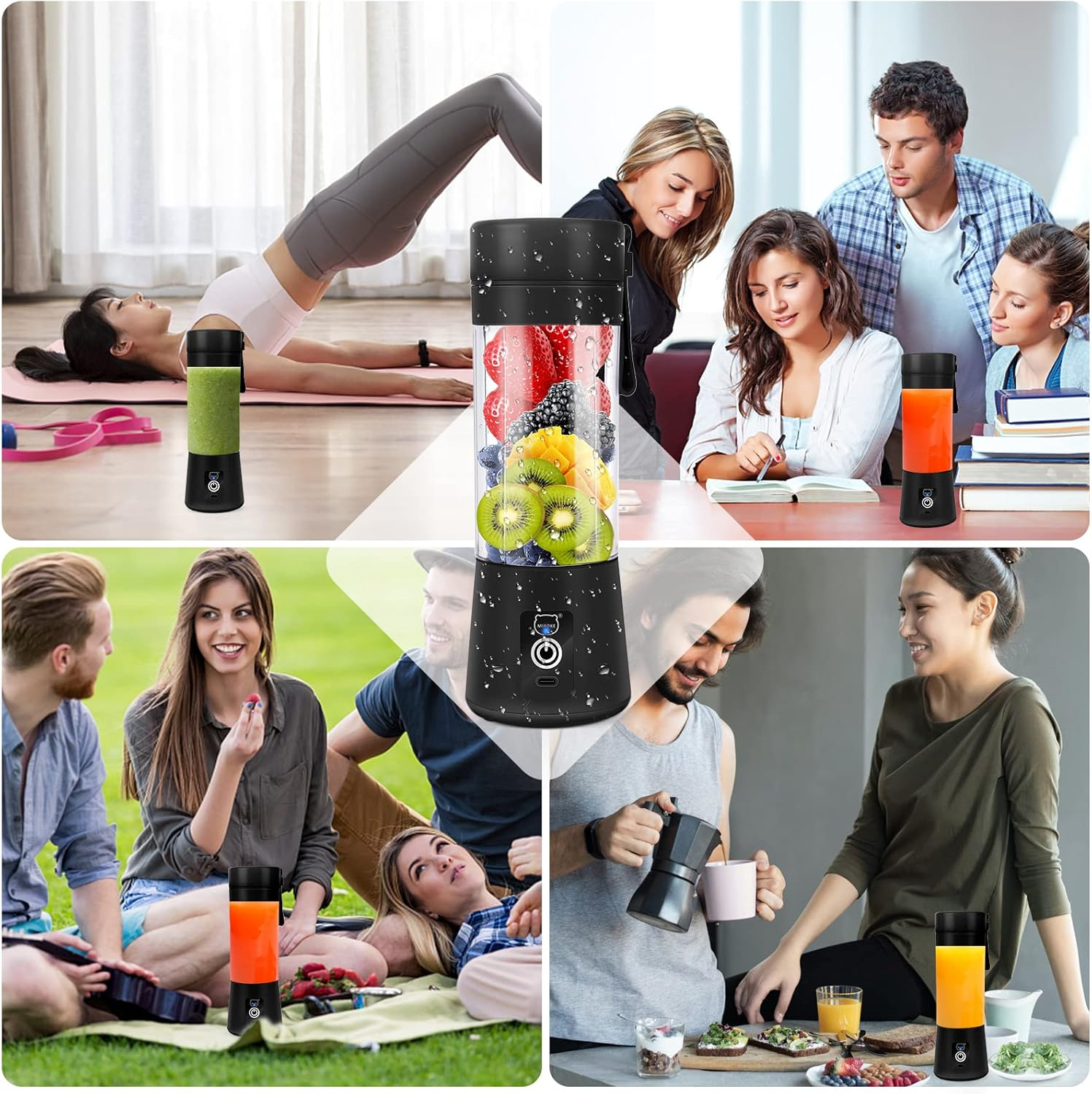 Eine Collage, die einen Mixer mit verschiedenen Früchten und Benutzern in verschiedenen Umgebungen zeigt: Yoga, Lernen, Picknick und Zubereitung von Speisen.