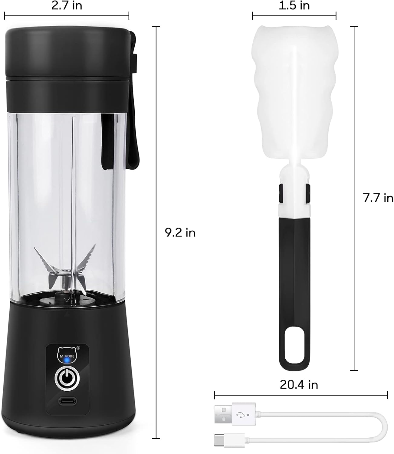 Ein tragbarer schwarzer und klarer Mixer mit einem weißen Reinigungswerkzeug und einem Ladekabel werden auf weißem Hintergrund angezeigt.
