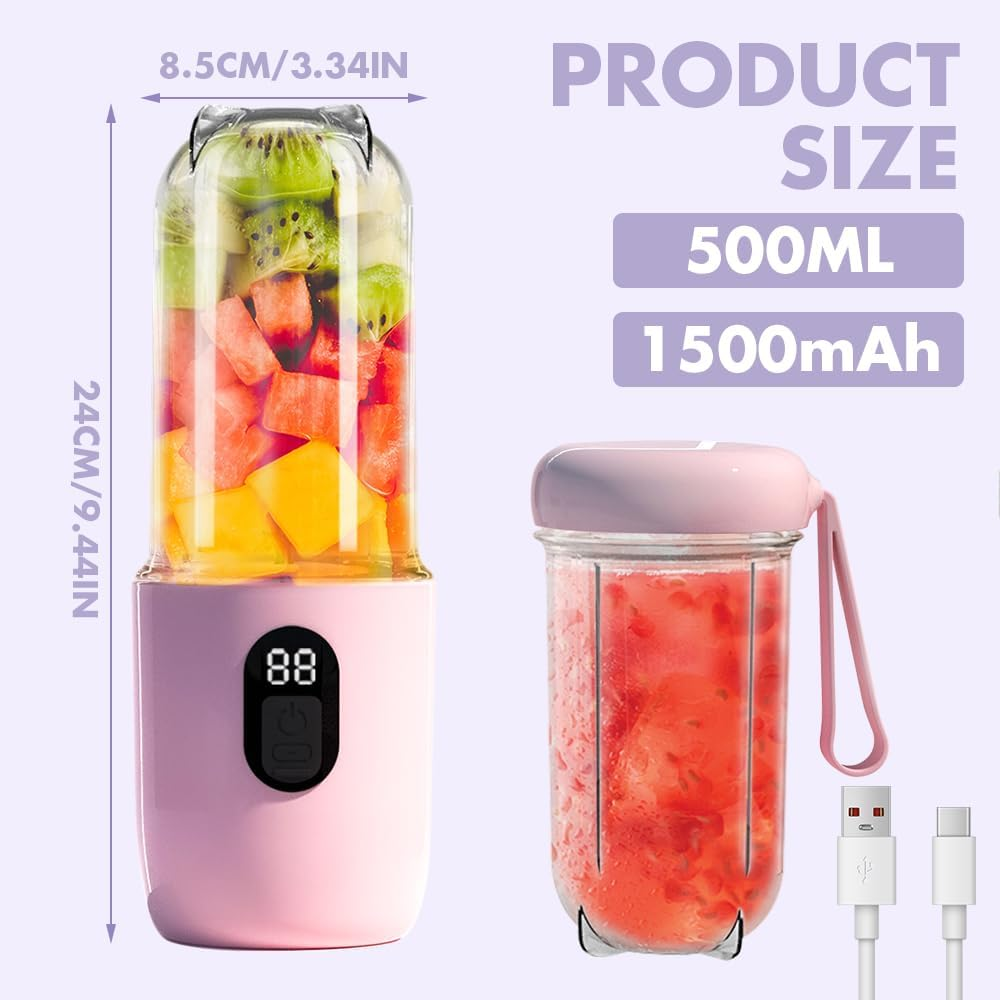 Rosa tragbarer Mixer mit Früchten, neben einem Mixer mit Saft, Produktgrößeninfo: 500 ml, 1500 mAh und Kabel.