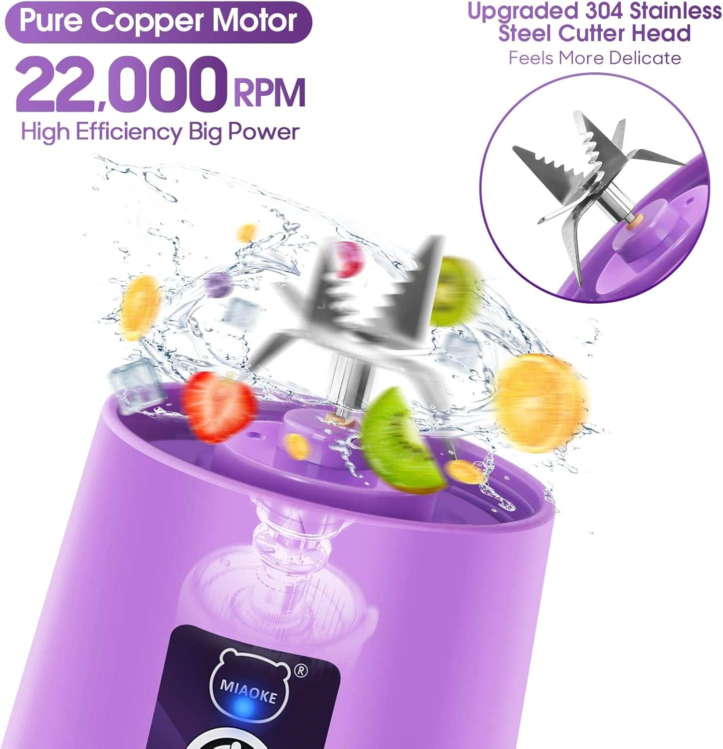 Ein lila Mixer mit Edelstahlklingen. Es zeigt Früchte wie Erdbeeren, Kiwi und Orangen, die mit Wasser gemischt werden.