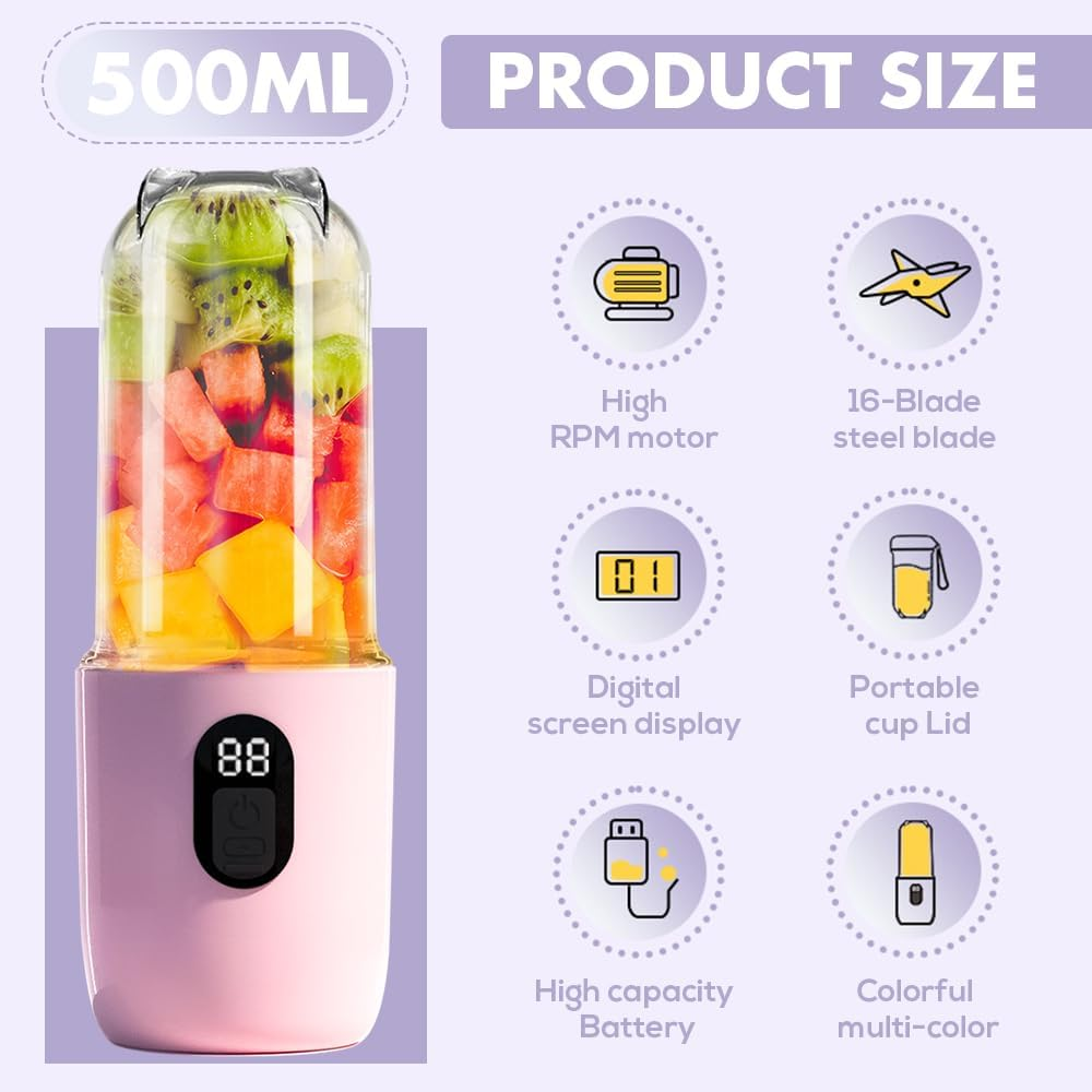 Ein rosa Mixer mit Früchten, Produktgrößenetikett und Symbolen für Funktionen wie Hochgeschwindigkeitsmotor, Stahlklinge und Digitalanzeige.