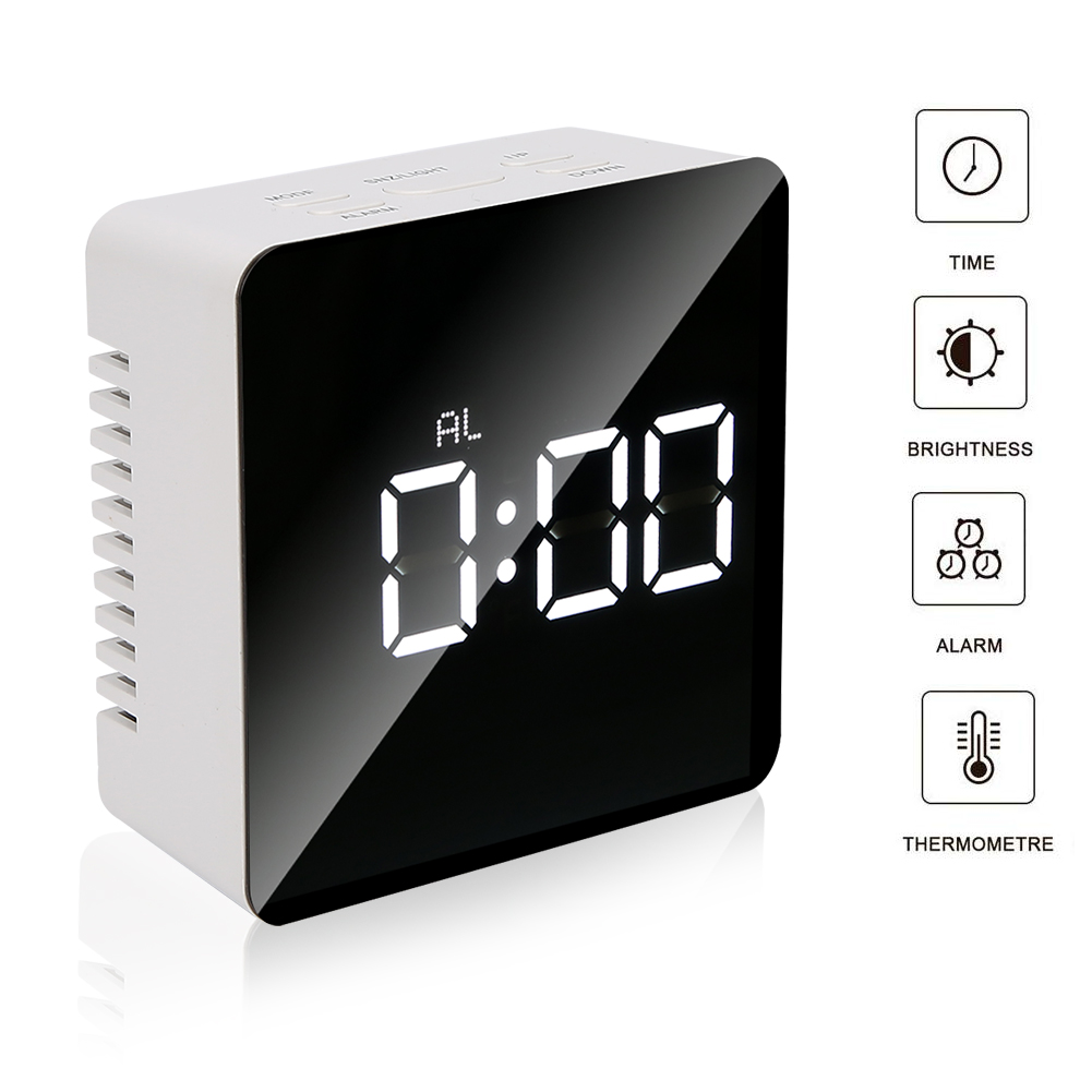 Ein weißer und schwarzer digitaler Wecker, der 0:00 anzeigt. Symbole für Zeit, Helligkeit, Alarm und Thermometer befinden sich rechts.
