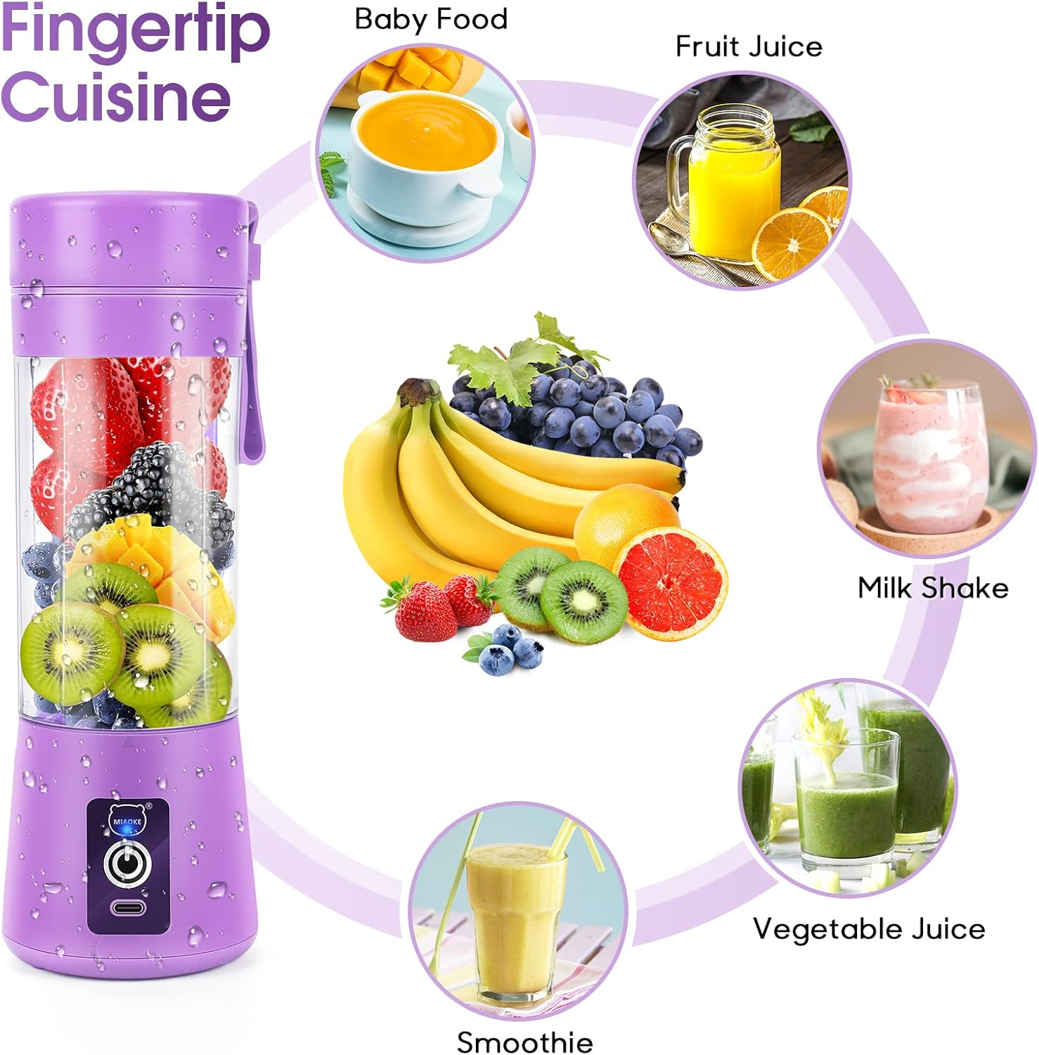 Lila Mixer mit Früchten, umgeben von Bildern von Babynahrung, Fruchtsaft, Milchshake und anderen Smoothies.