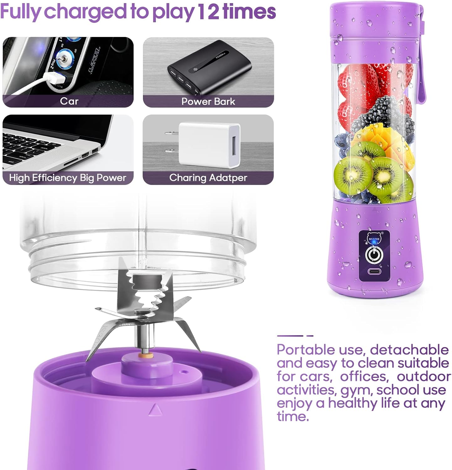 Ein lila Mixer mit Früchten. Er befindet sich neben Lademöglichkeiten wie einem Autoladegerät und einer Powerbank.