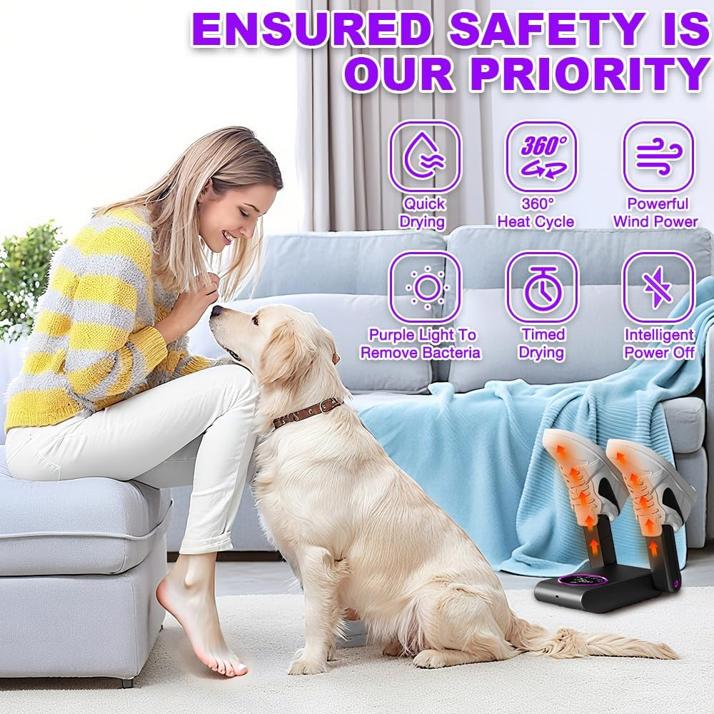 Eine Frau und ein Golden Retriever sitzen auf einem Sofa. Text enthält: schnelles Trocknen, 360-Grad-Heizzyklus, starke Windkraft. Ein Schuhtrockner ist sichtbar.
