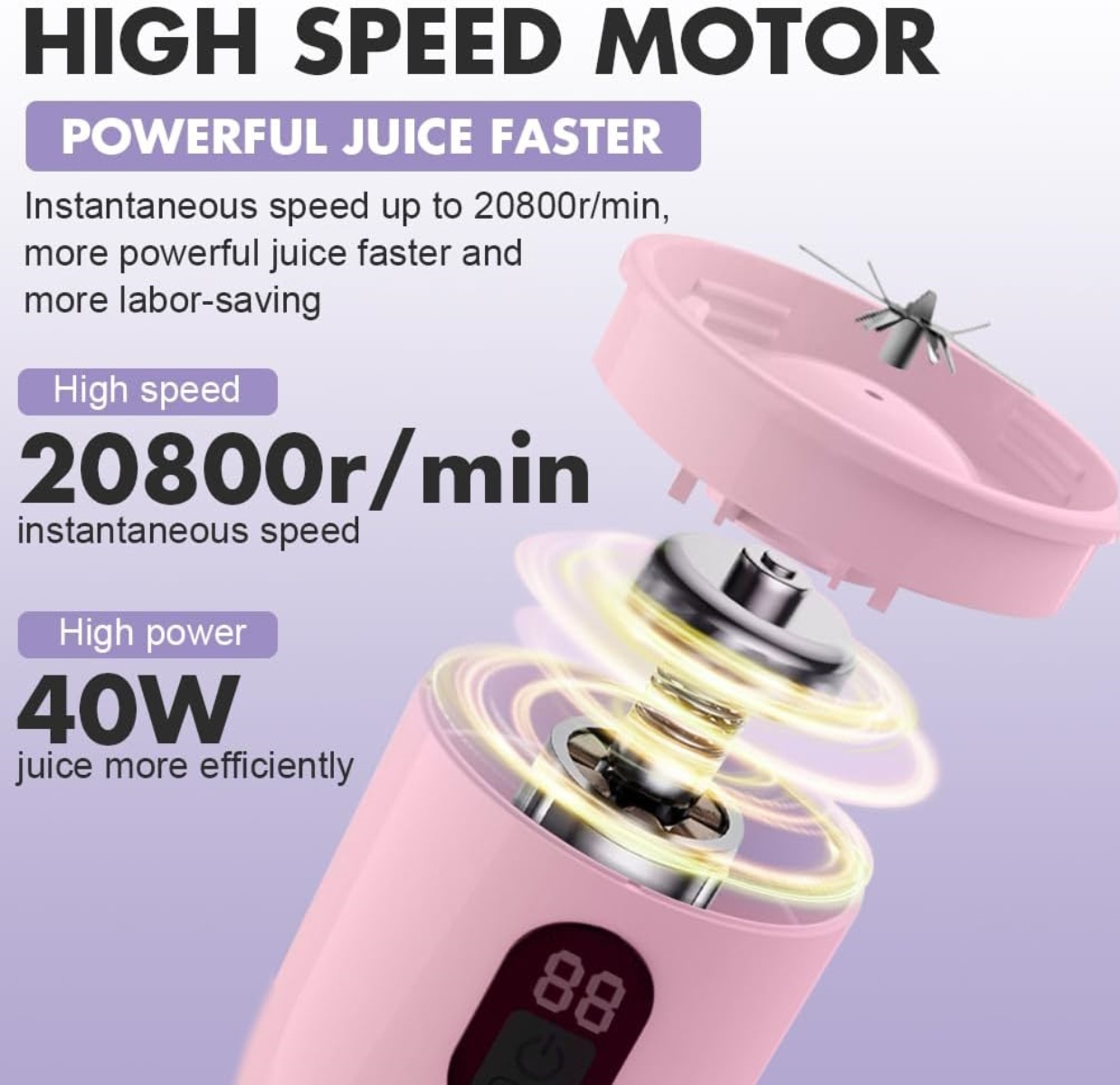 Ein rosa Hochgeschwindigkeitsmotor-Saftmixer mit Digitalanzeige zeigt Leistung und Geschwindigkeit. Text hebt wichtige Funktionen und Zahlen hervor.