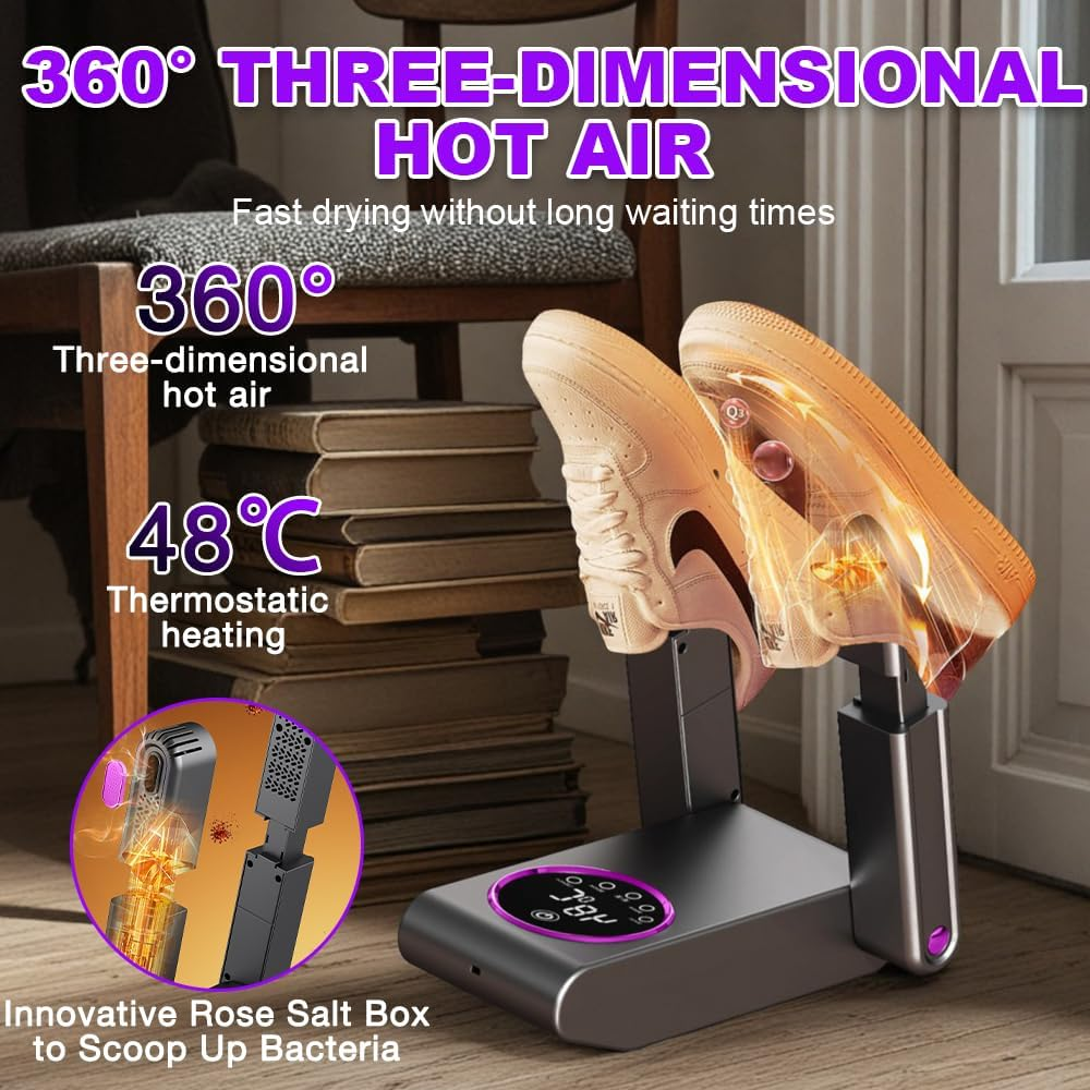 Ein Schuhtrockner mit zwei Turnschuhen, Text: '360° dreidimensional heiße Luft'. Ein Stapel Bücher und ein Stuhl im Hintergrund.